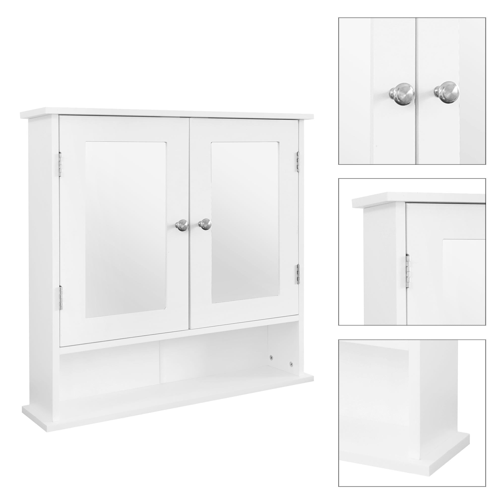 Ein weißer Schrank mit zwei Spiegeltüren und einem offenen Fach darunter.