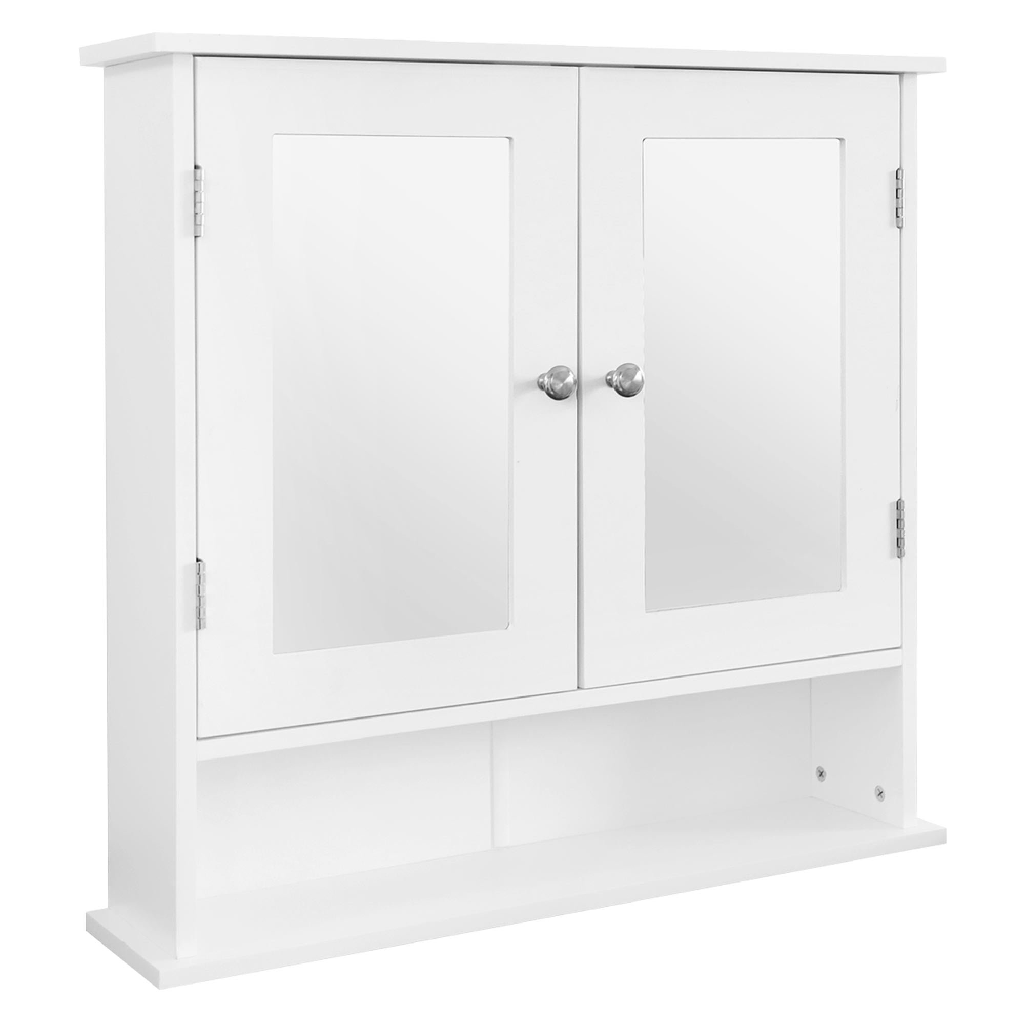 Weißer Schrank mit zwei Spiegeltüren und offener Ablage darunter.