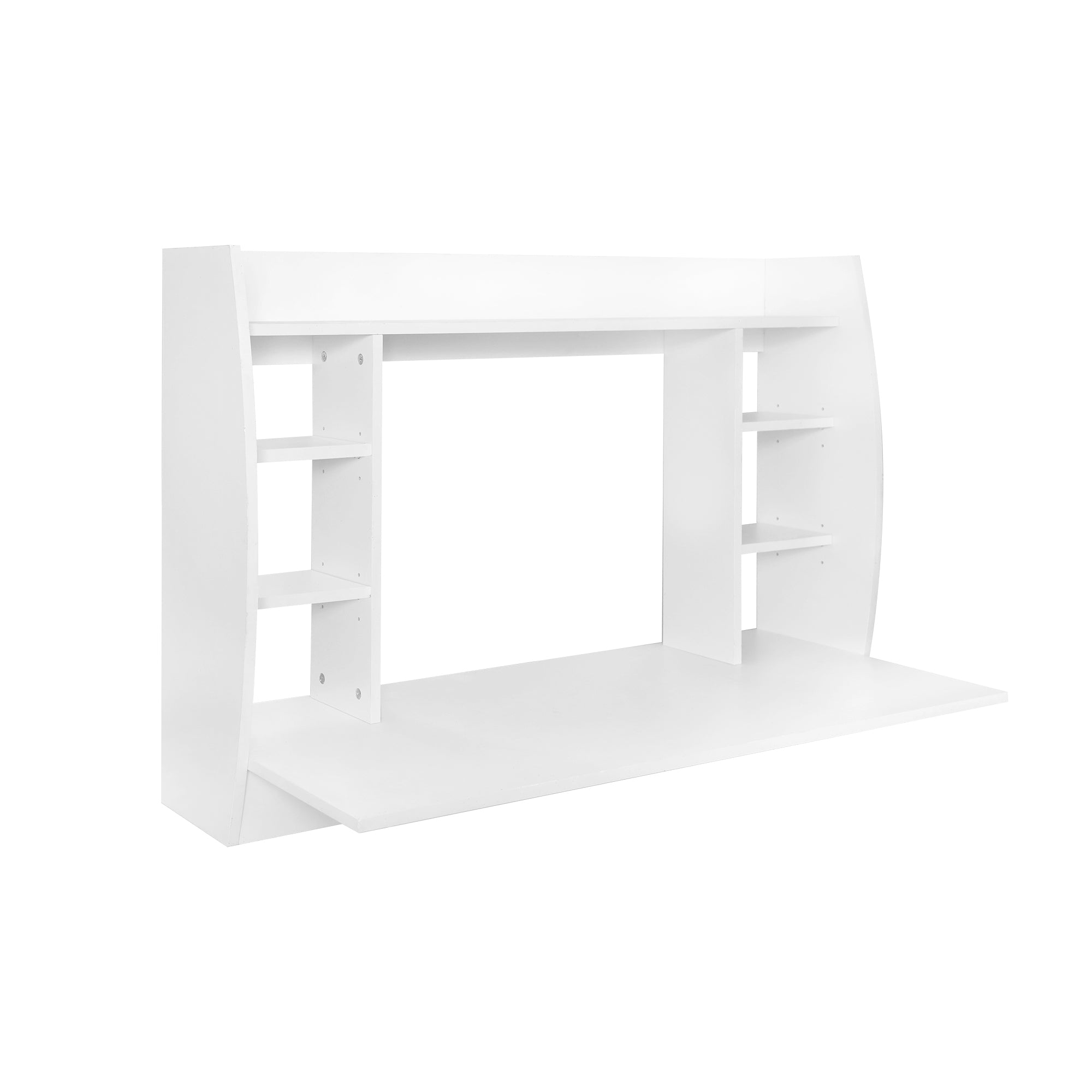 A white desk with shelves and a large work surface.
