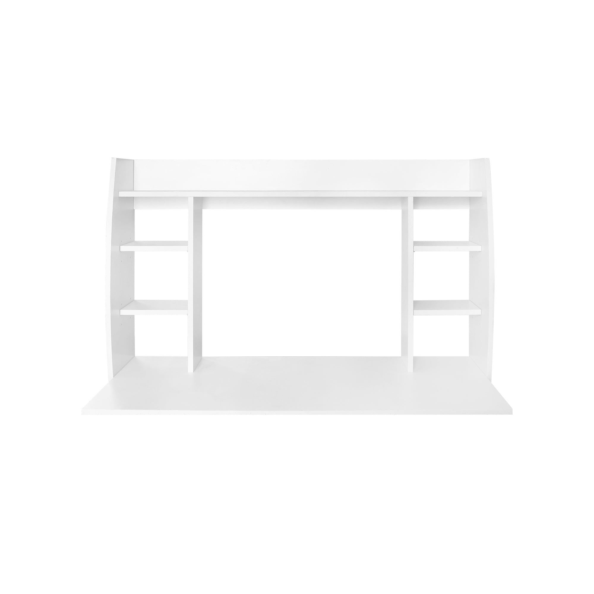 White desk with shelves and an open area.