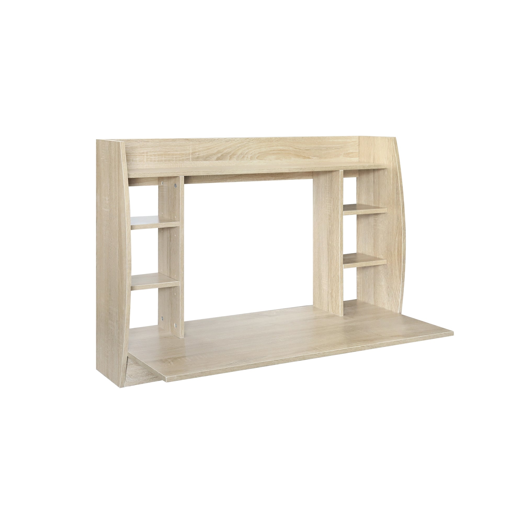 Et træ skrivebord med hylder og et stort arbejdsområde.