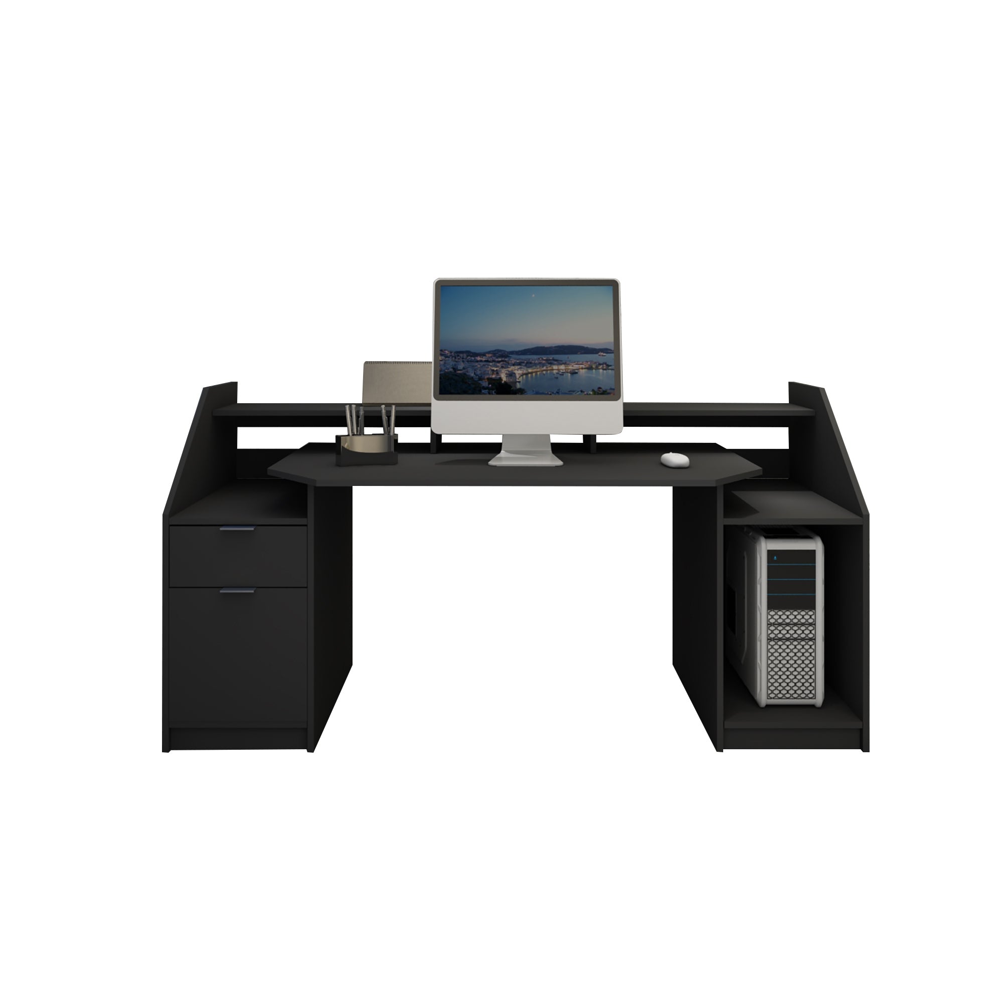 Desk with computer, lamp, and drawers in black.