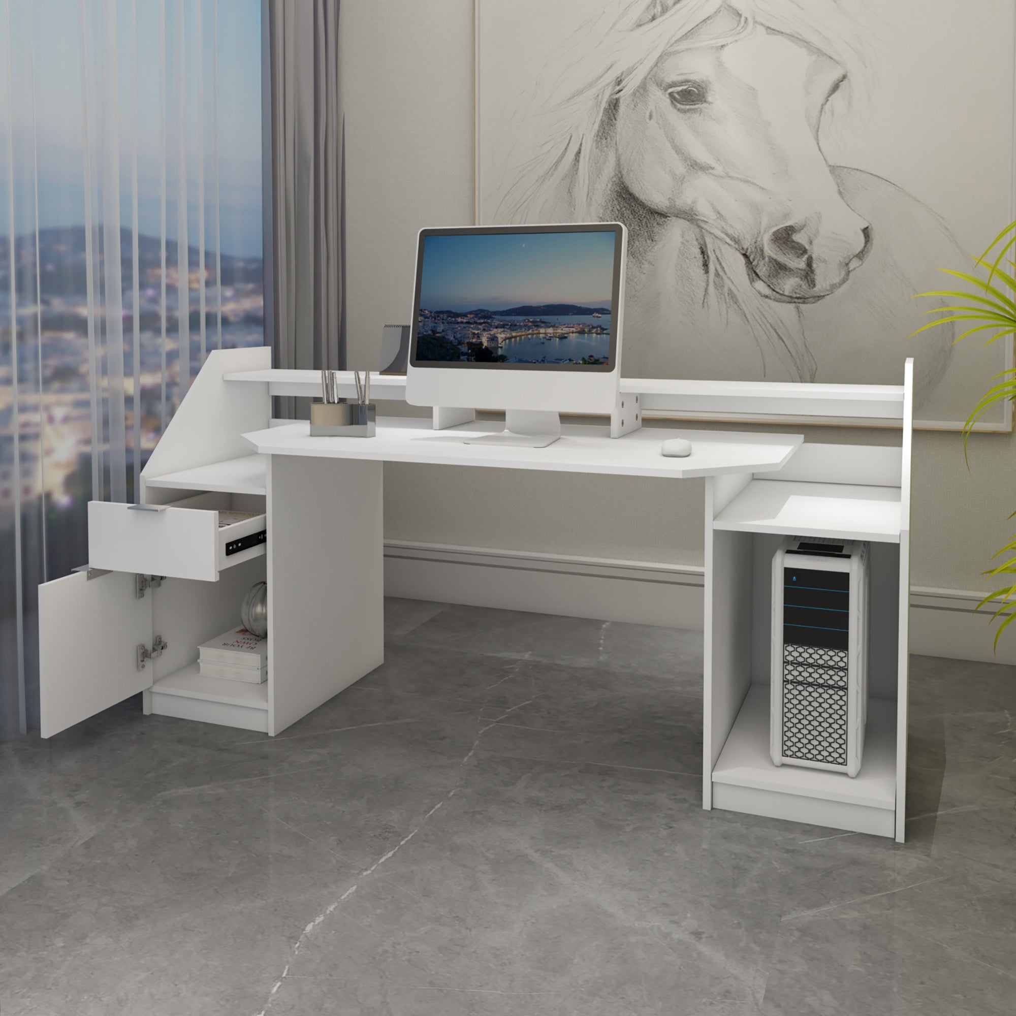 Weißer Schreibtisch mit Computer und einem Bild im Hintergrund.