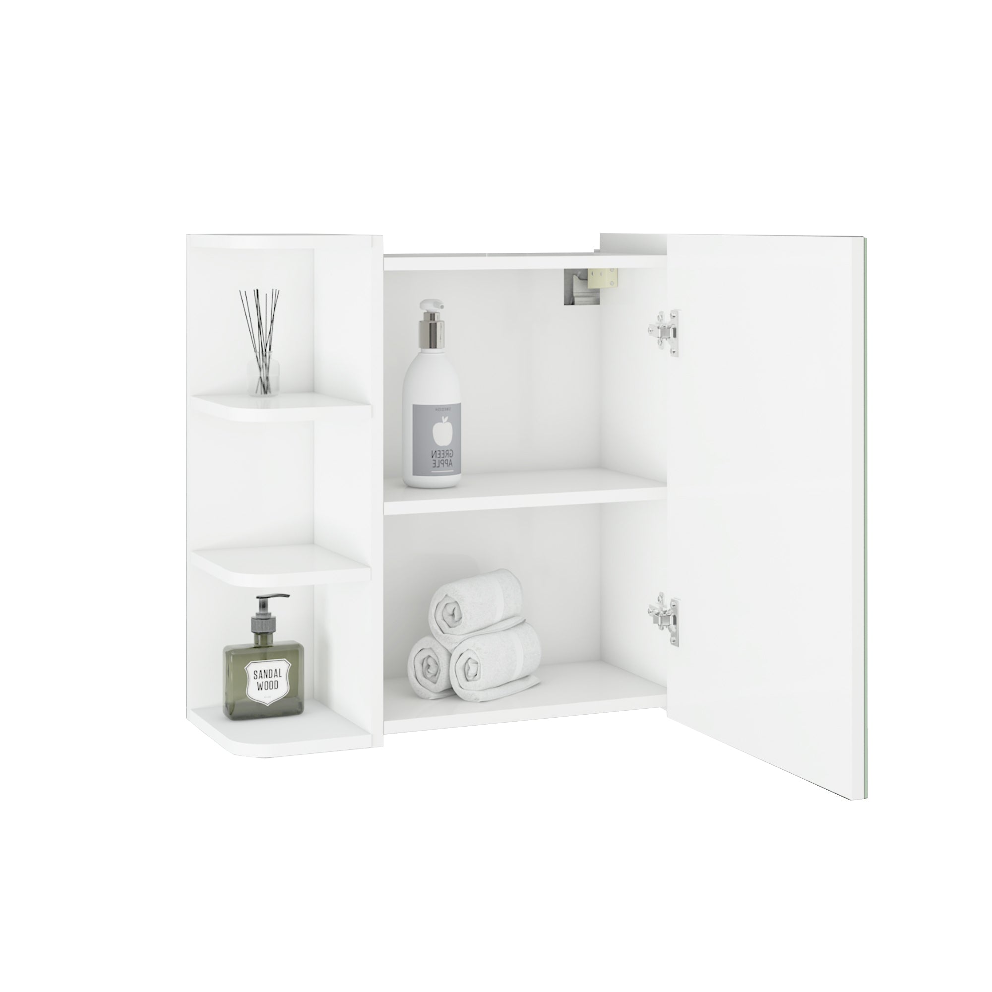 Offener weißer Schrank mit Pflegeprodukten und Handtüchern.