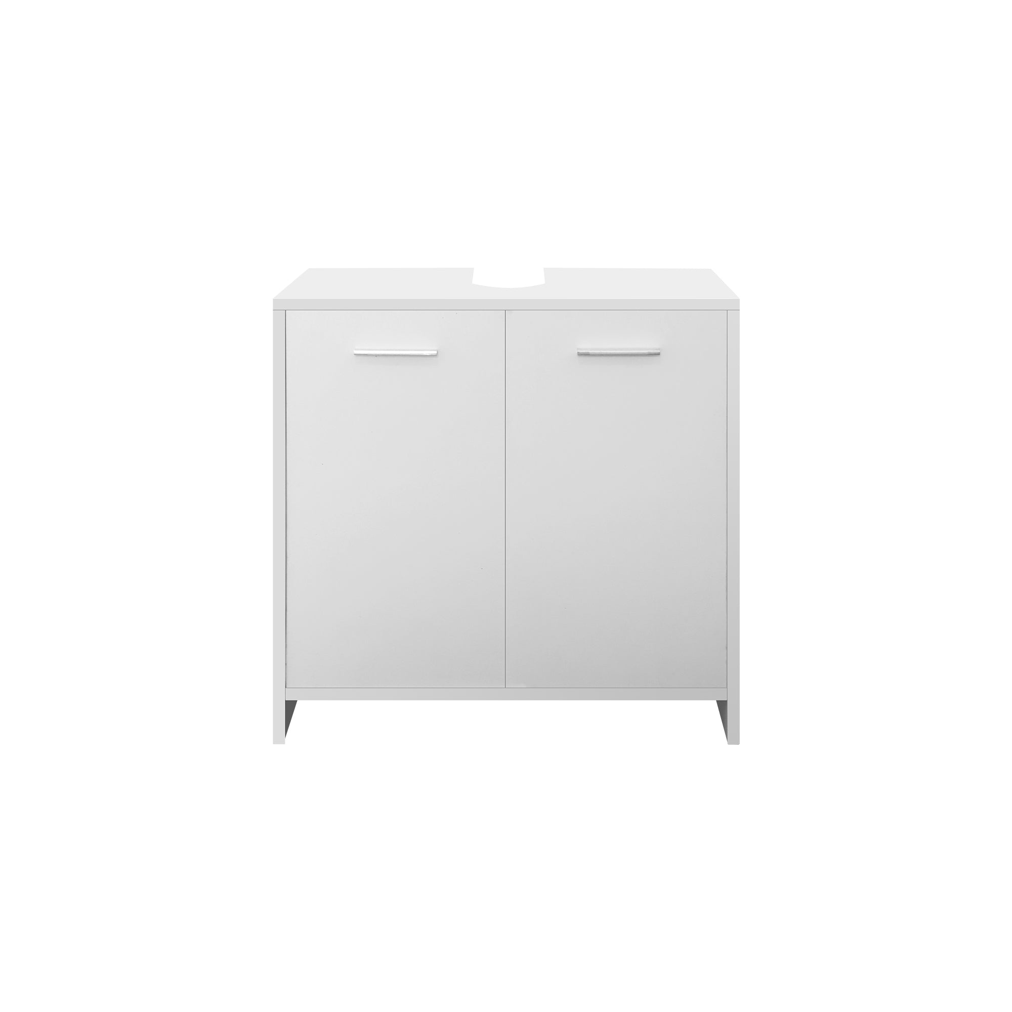 White base cabinet with two doors and a cutout for a sink.