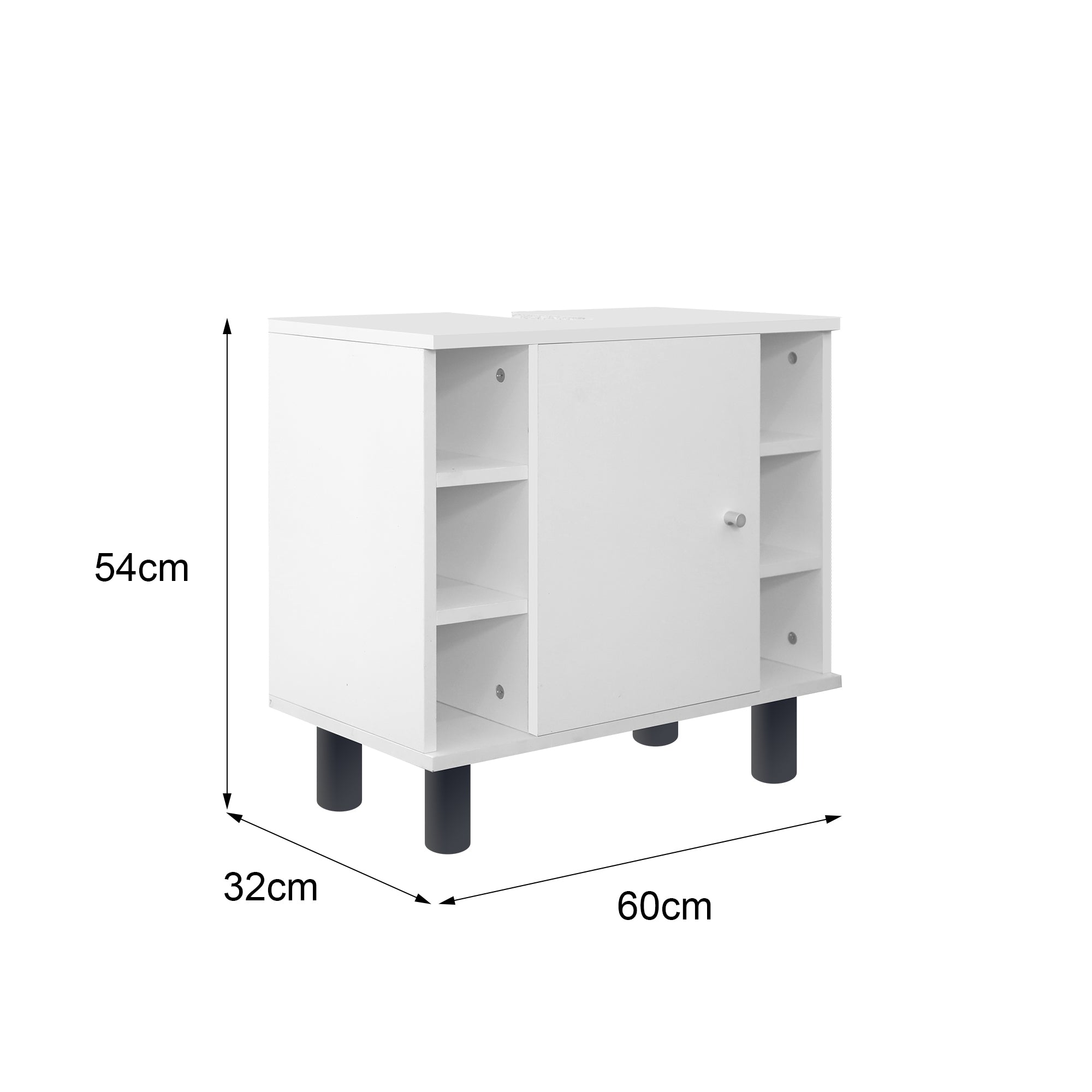 Weißer Schrank mit einer Tür und offenen Fächern, Maße: 54cm x 60cm x 32cm.