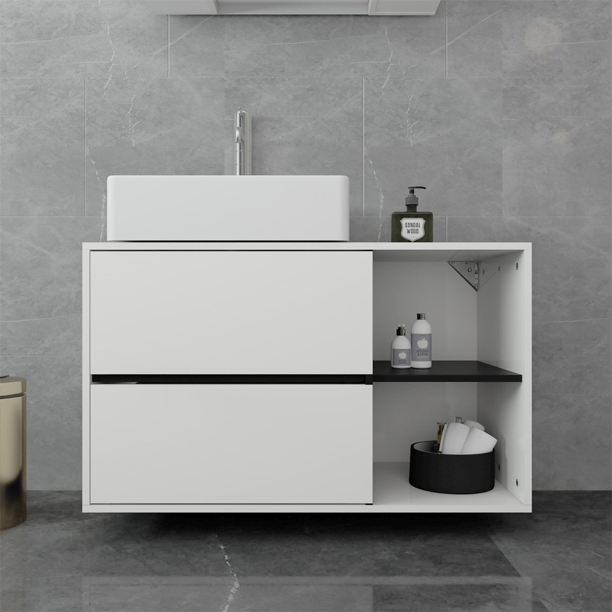 Moderne, weiße Badezimmermöbel mit Waschbecken und zwei Schubladen.