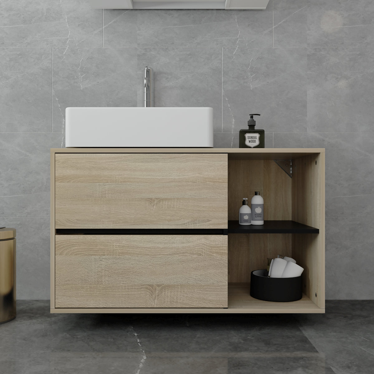 Armario de madera con lavabo, dos cajones y estante abierto.