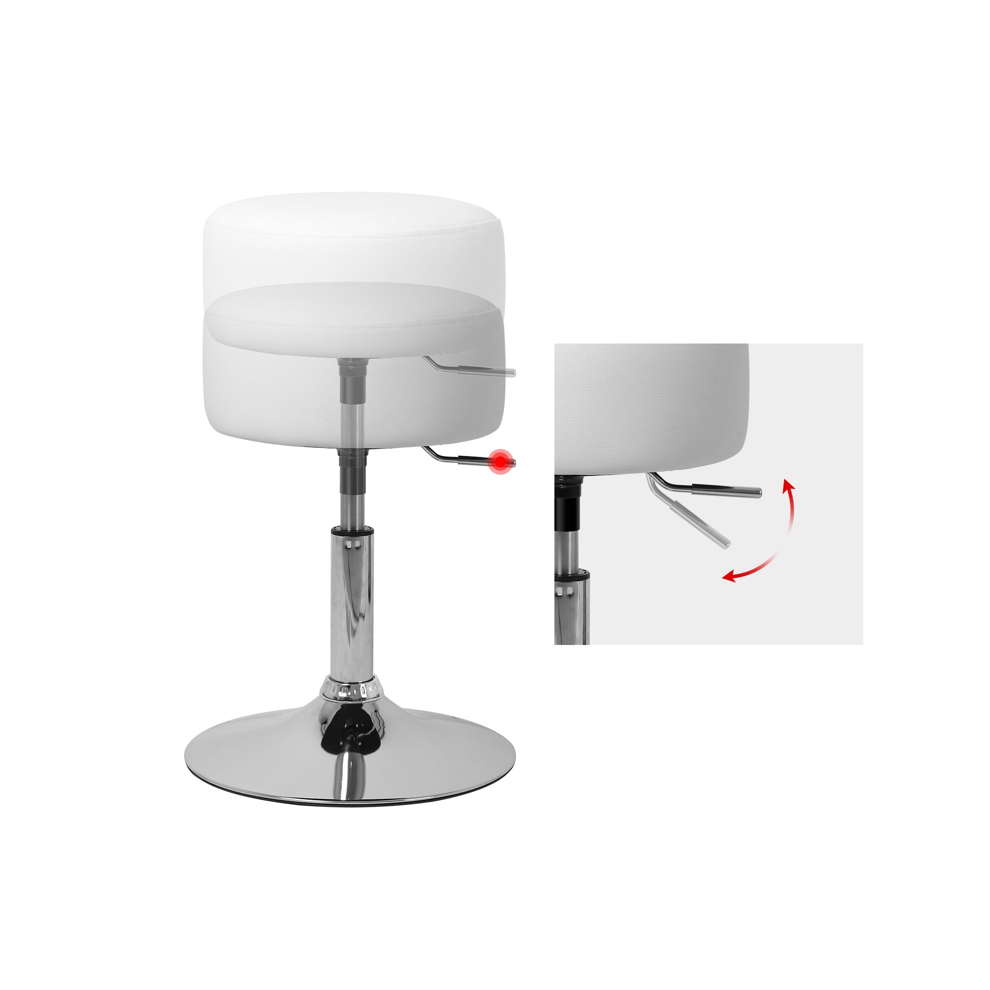 Close-up view of a stool with lever for height adjustment.