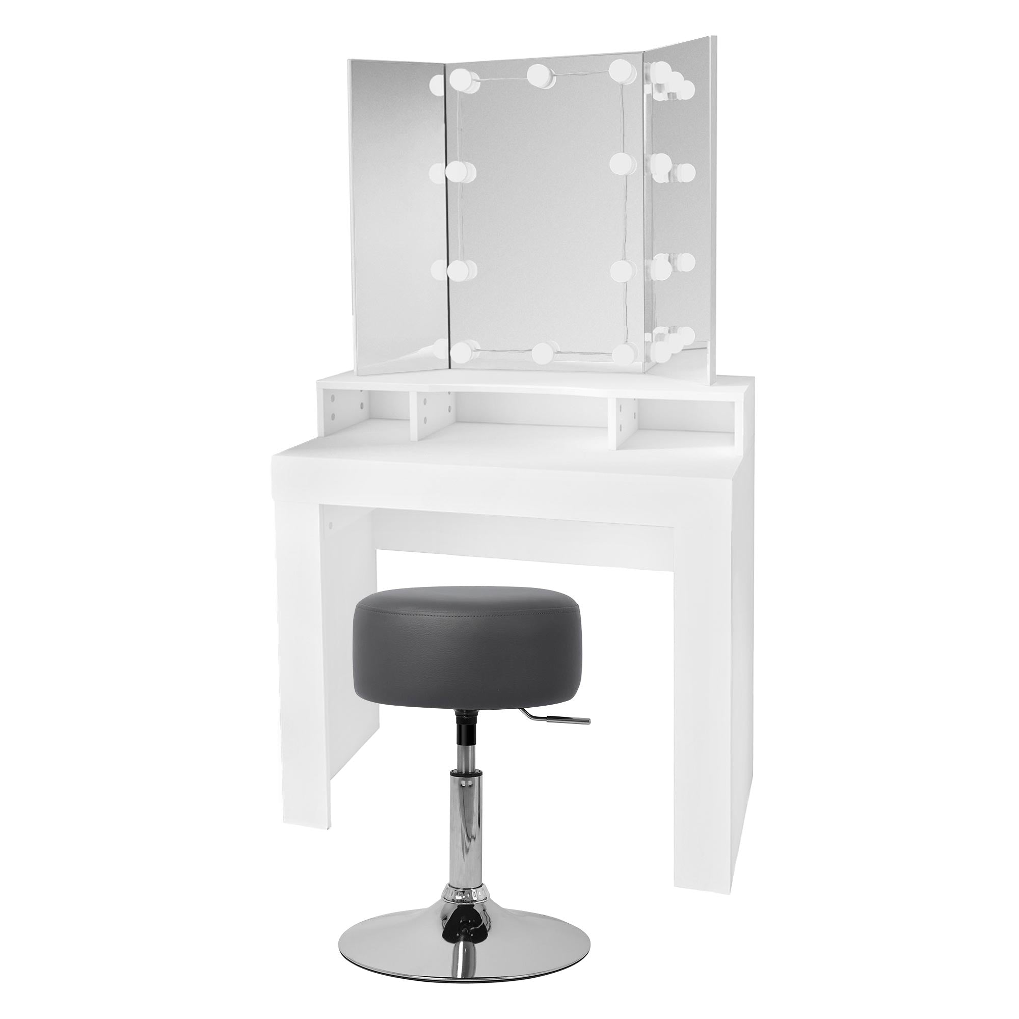 Coiffeuse avec miroir et éclairage, accompagnée d'un tabouret.