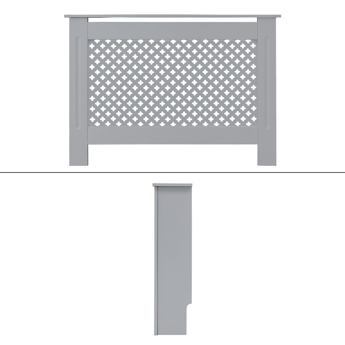 Grey room divider with a lattice pattern, consisting of two parts.