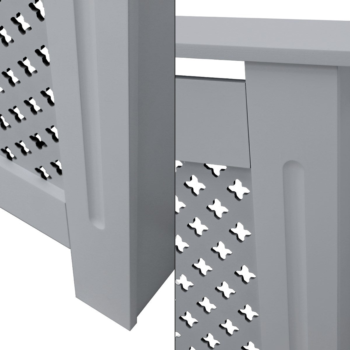 Close-up of a gray radiator cover with a perforated pattern.