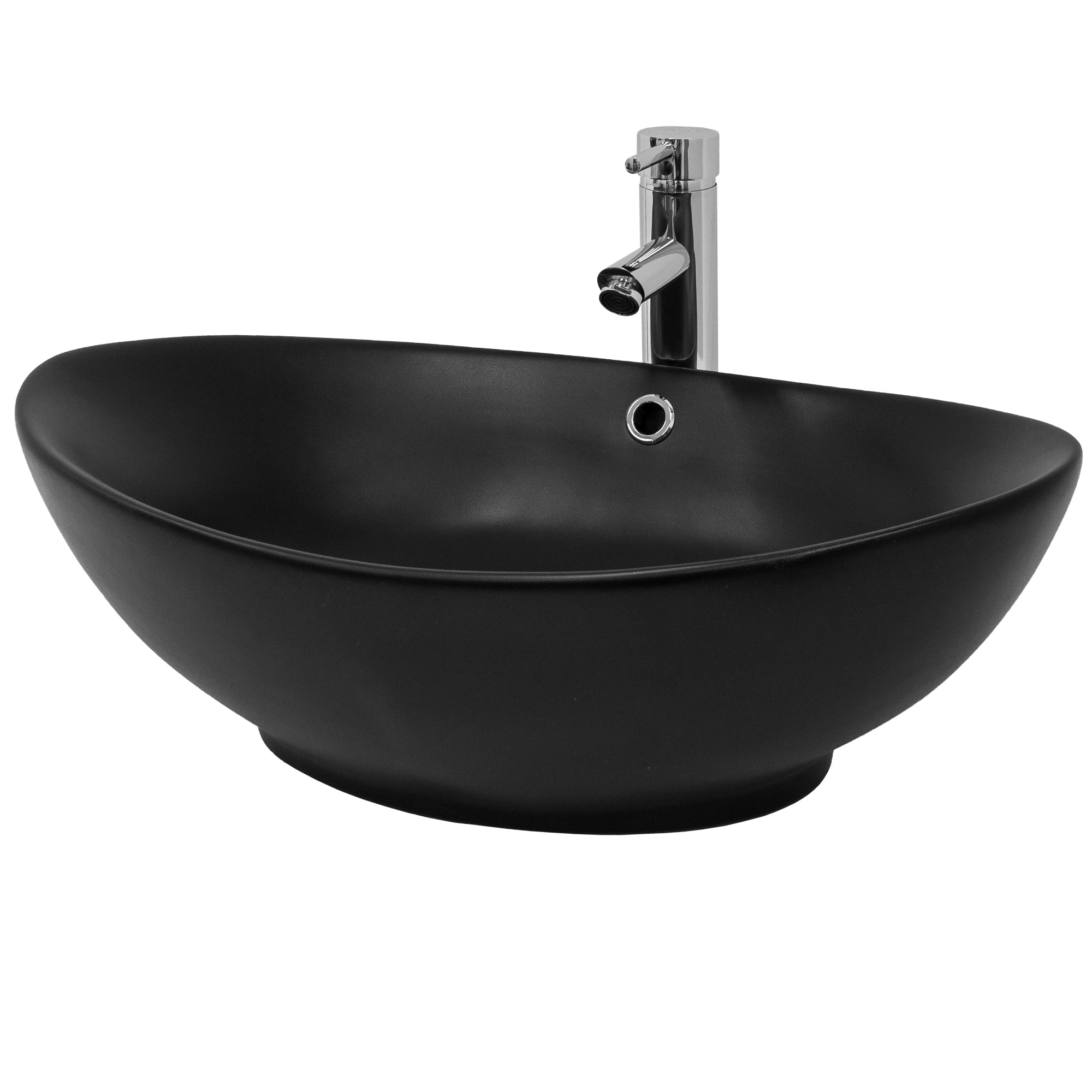 Schwarzes, ovales Waschbecken mit Wasserhahn und Abflussöffnung.
