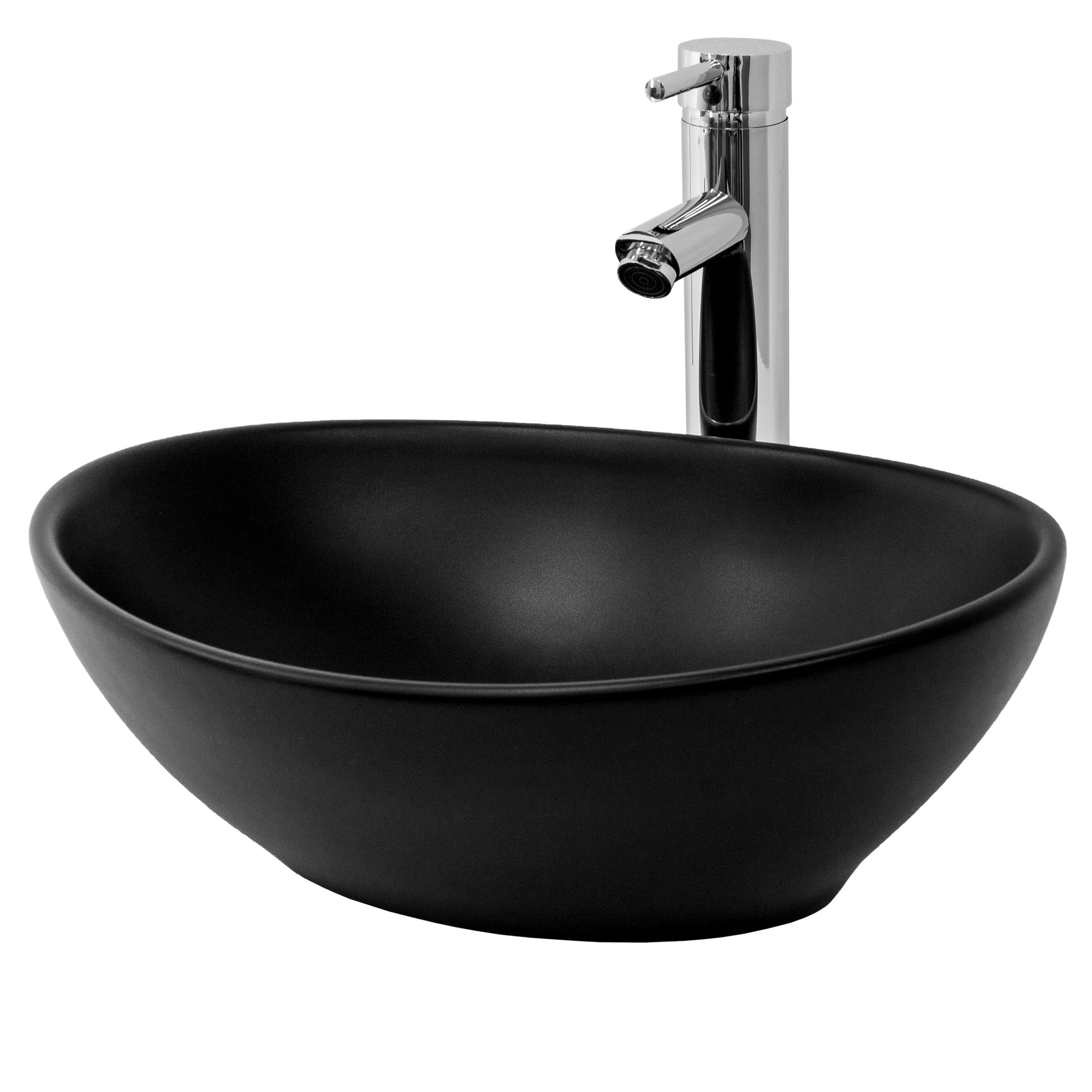 Black oval washbasin on a wooden surface with a faucet.