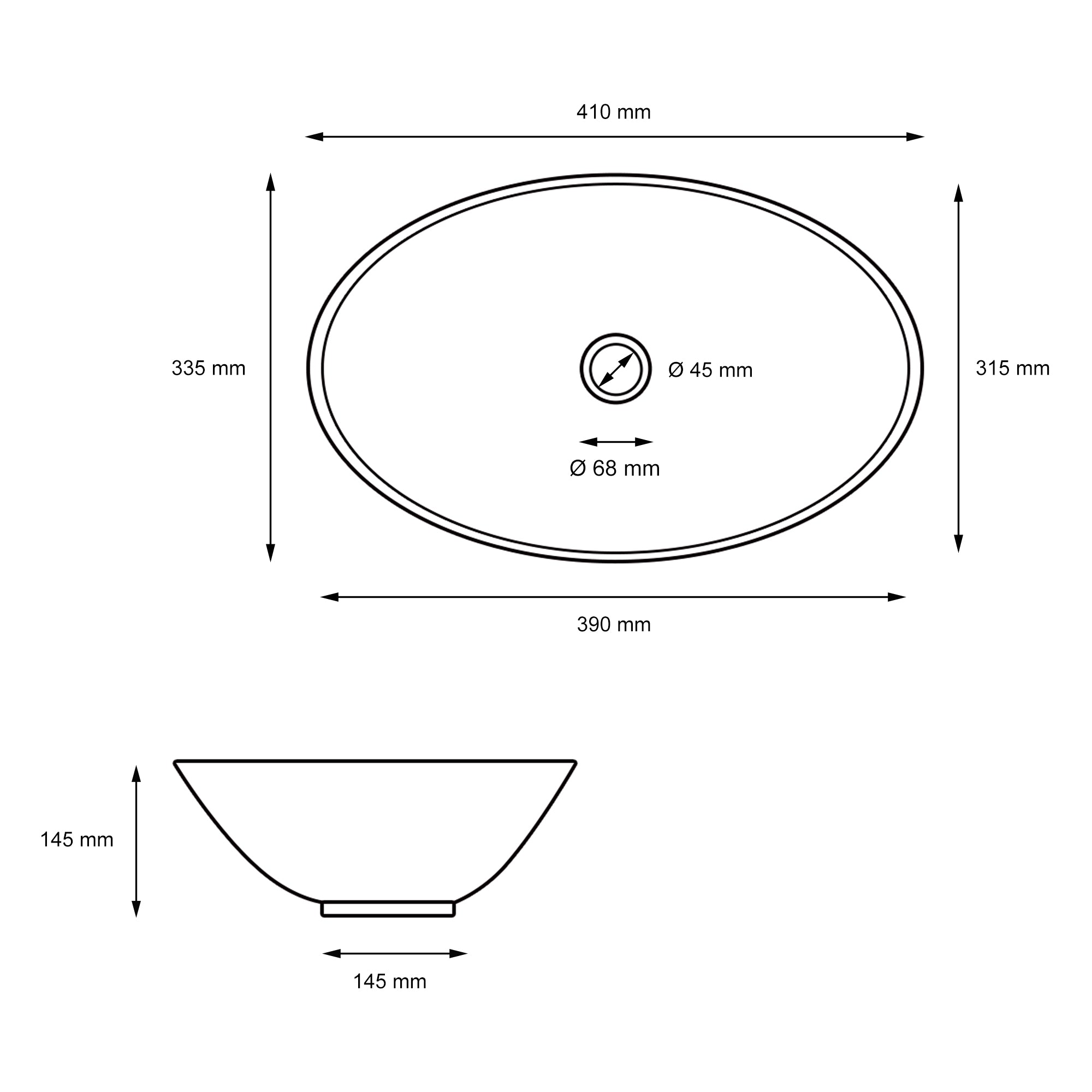 Technische tekening van een ovale wastafel met afmetingen.