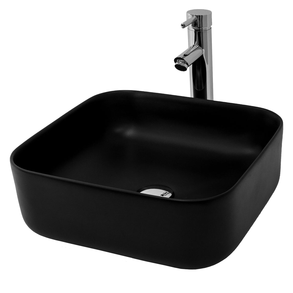 Schwarzes, quadratisches Waschbecken mit einem Wasserhahn.