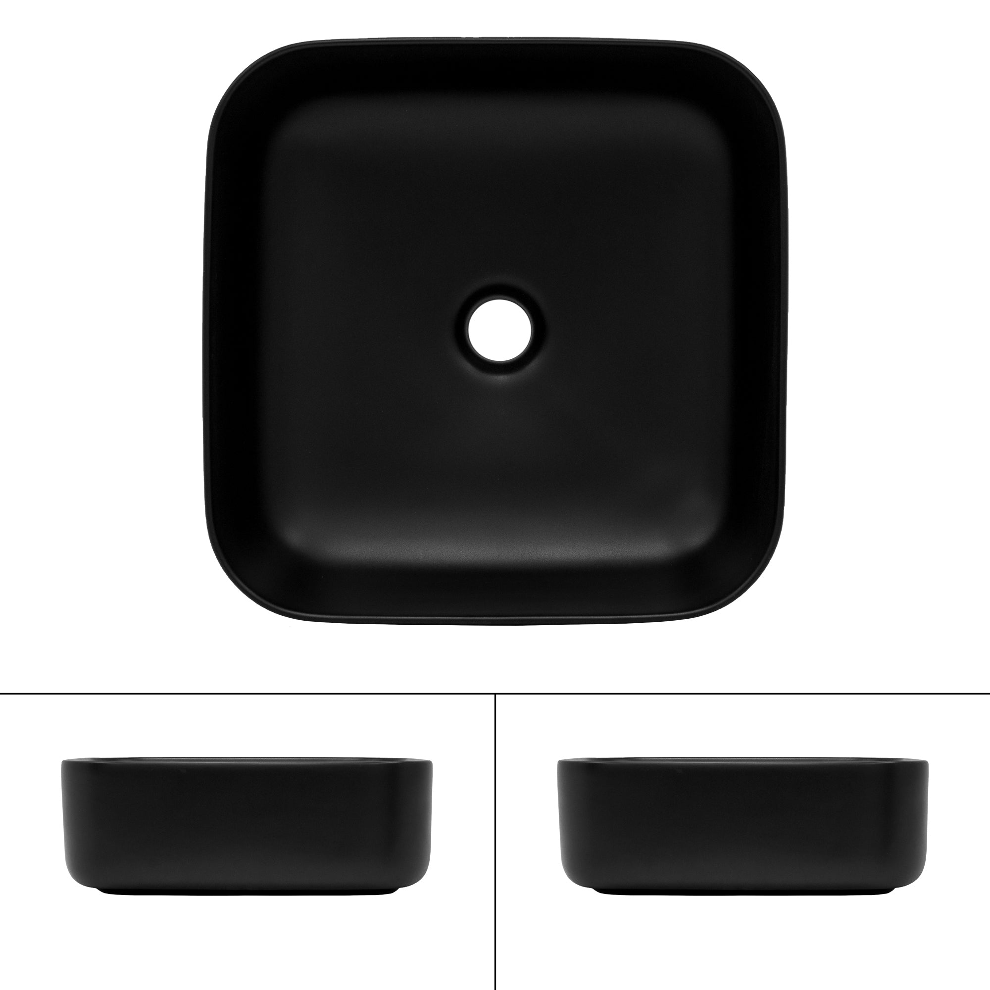Top view of a square black sink.