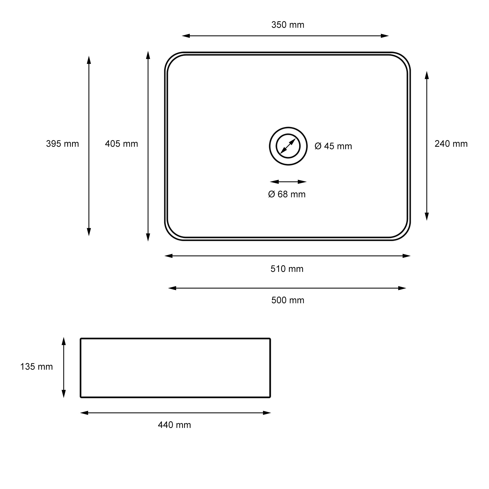 Dessin technique d'un évier rectangulaire avec des dimensions.