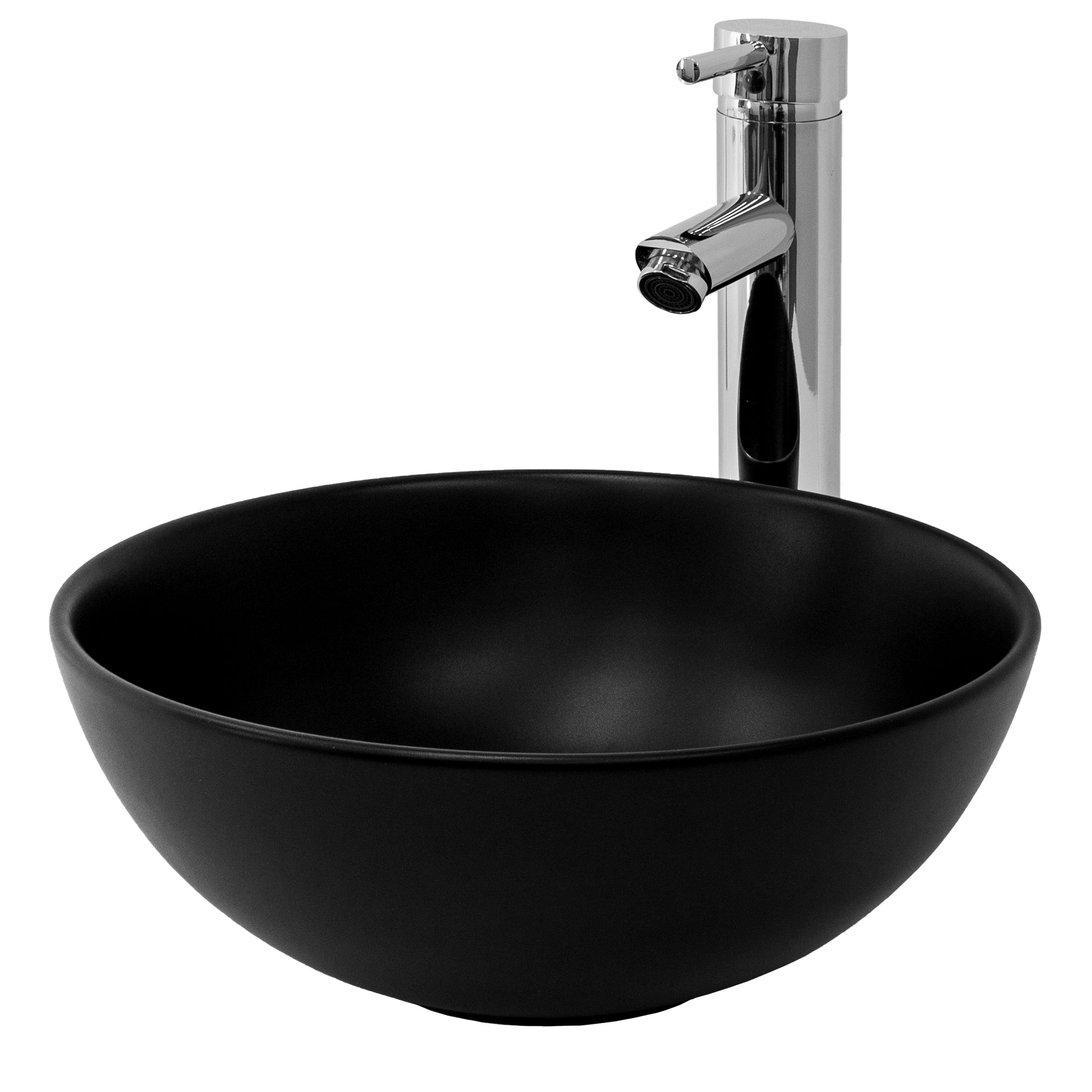 Black round sink with a modern faucet.