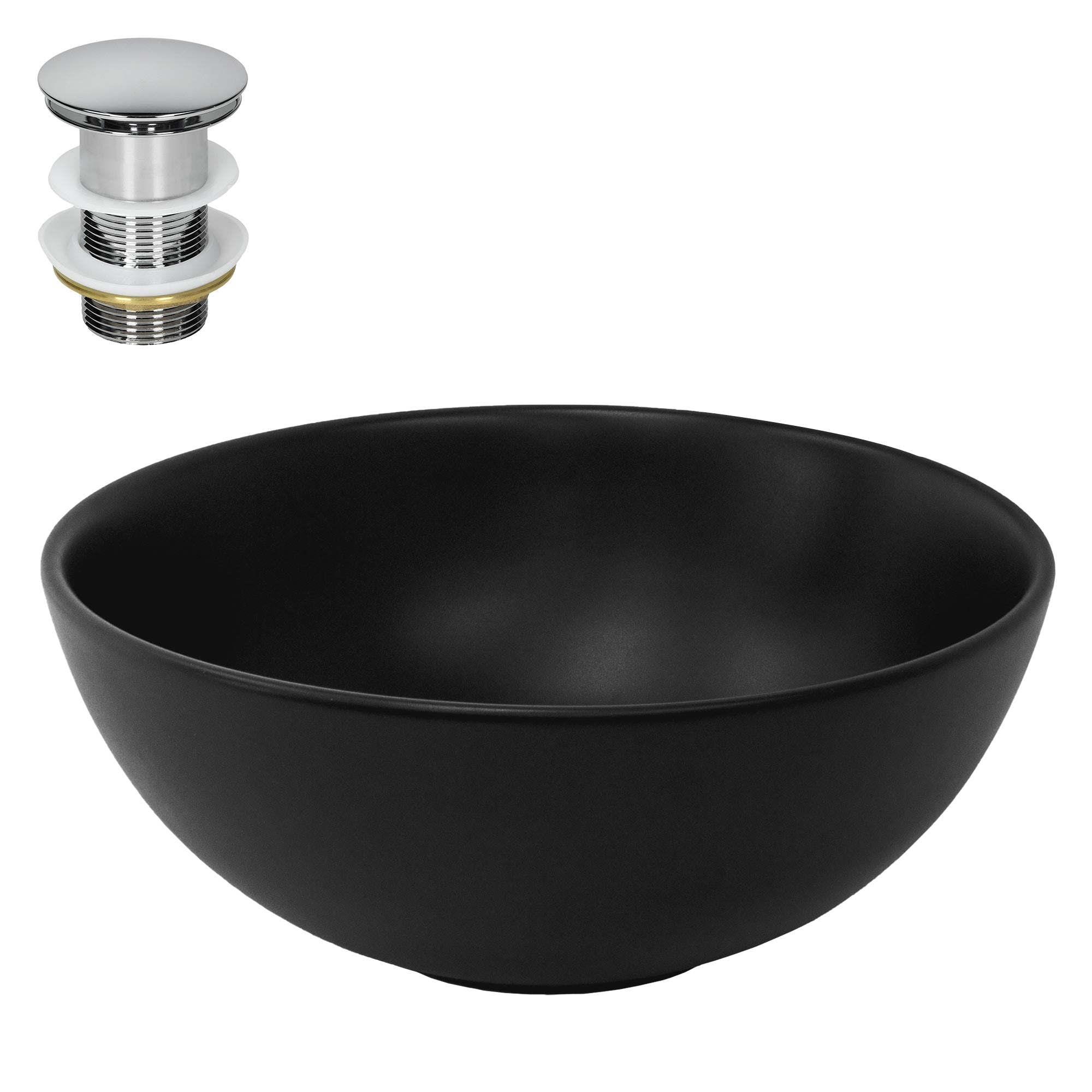 Schwarze Schüssel mit einem Abfluss-Set oben links.