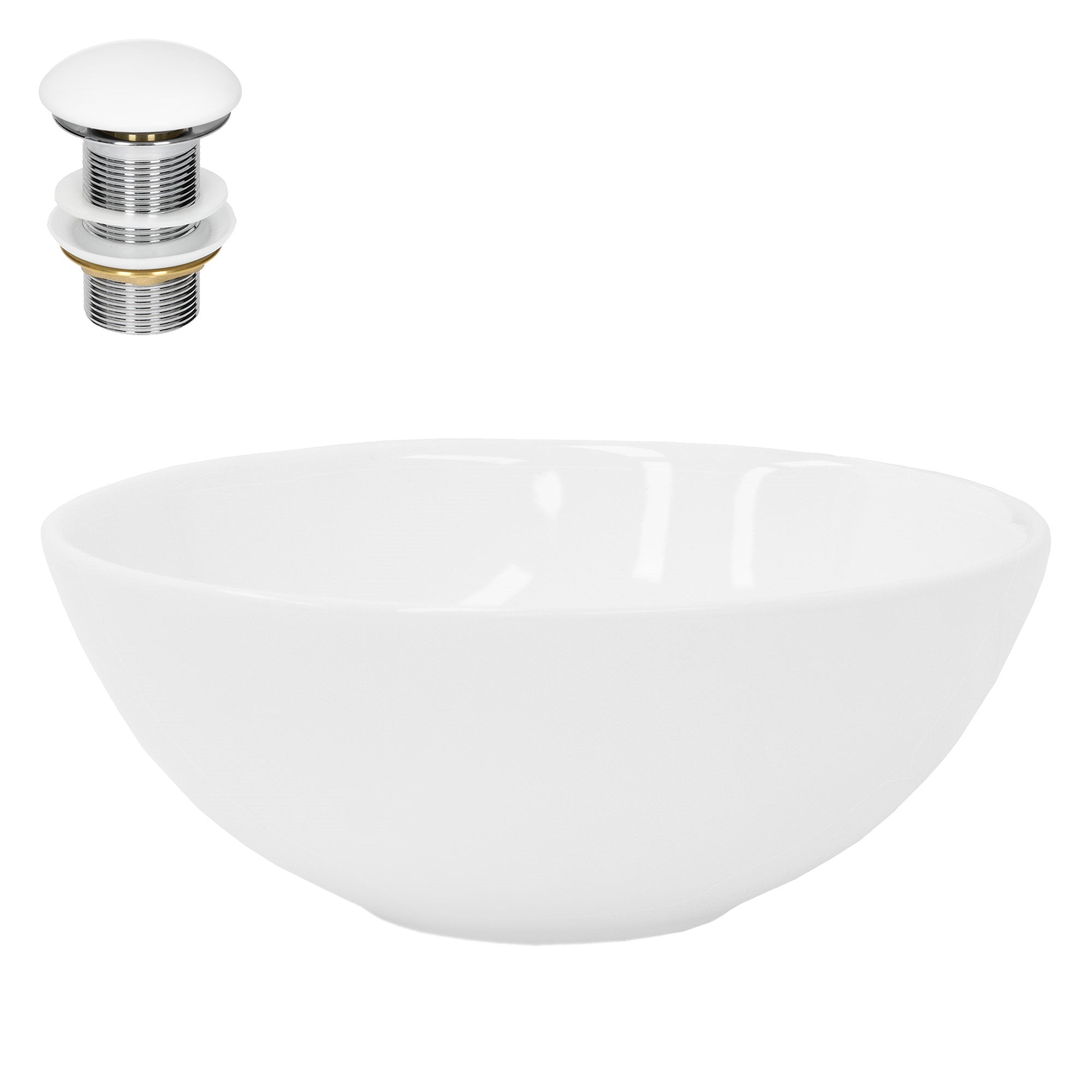 Round, white bowl with a drain valve.