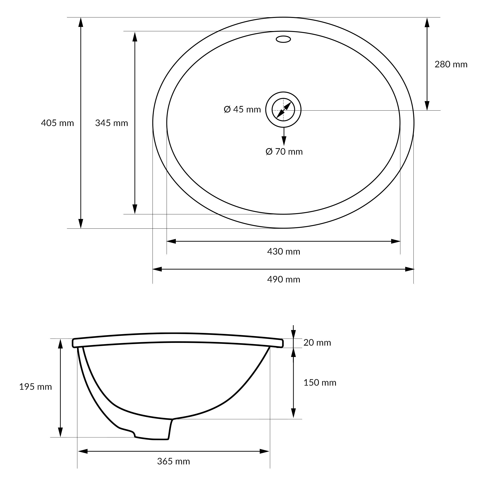 Technical drawing of an oval sink with dimensions in millimeters.