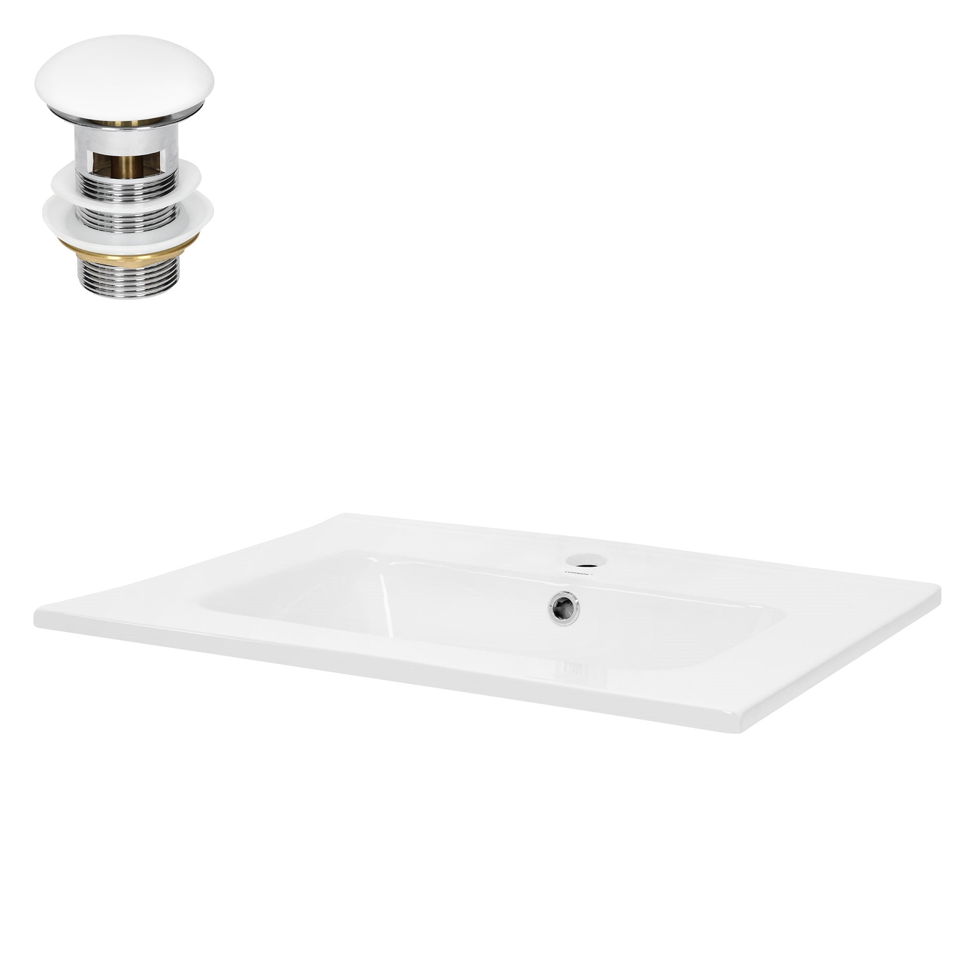 Witte wastafel met afvoergarnituur en kraan.