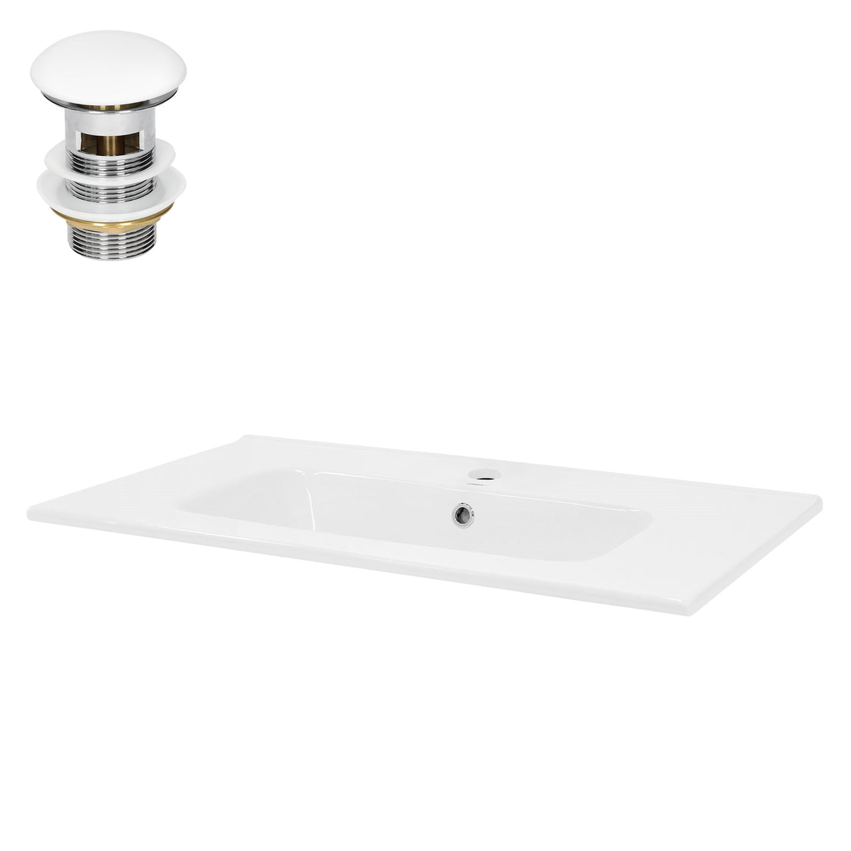 Lavabo blanco con desagüe cromado y tapa.
