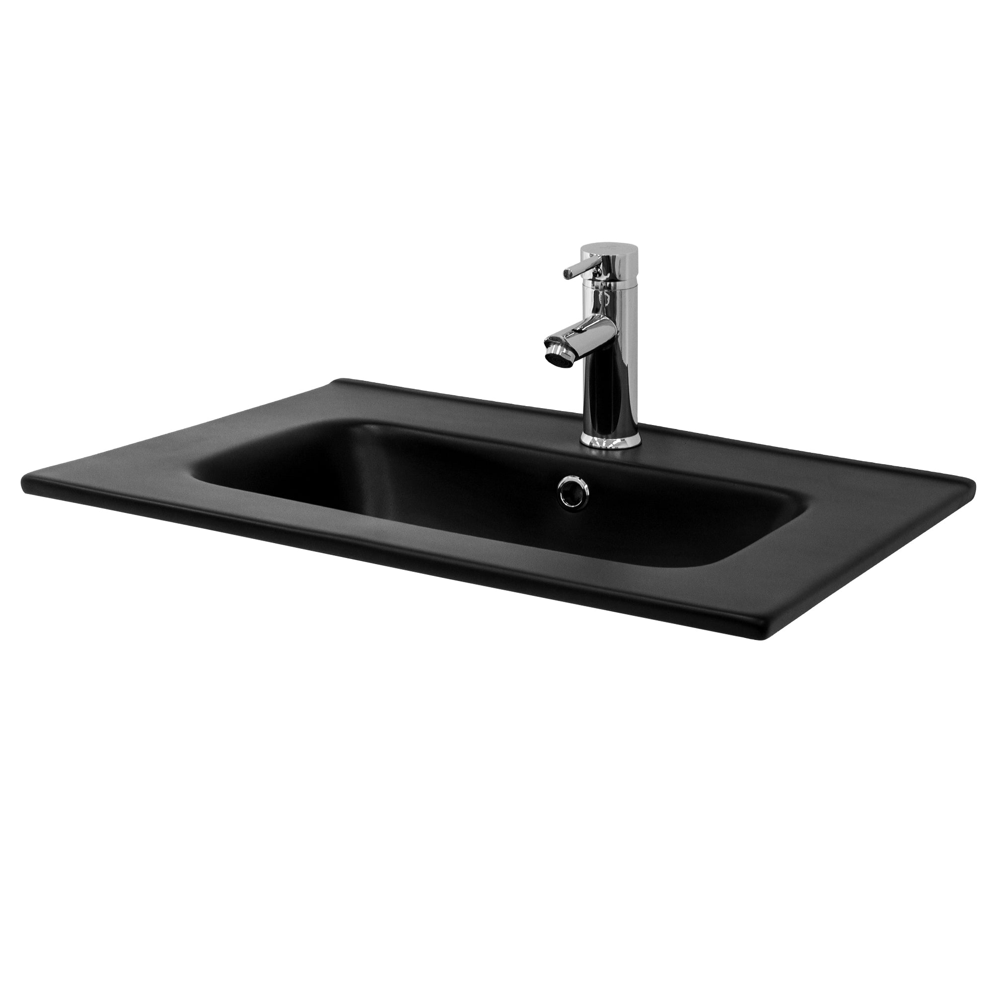 Schwarzes Waschbecken mit Wasserhahn auf einer Fläche.