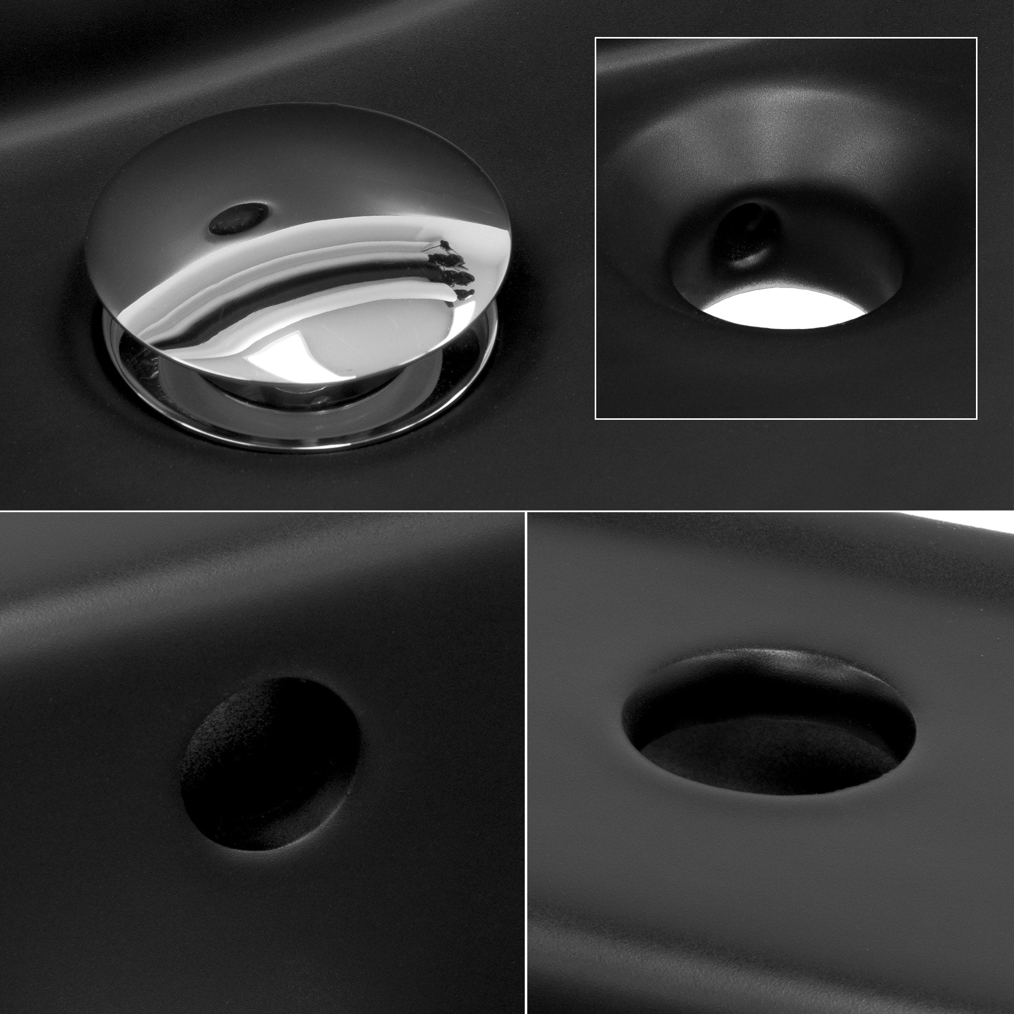 Detailaufnahme eines Abflusses und Überlaufs in einem schwarzen Waschbecken.
