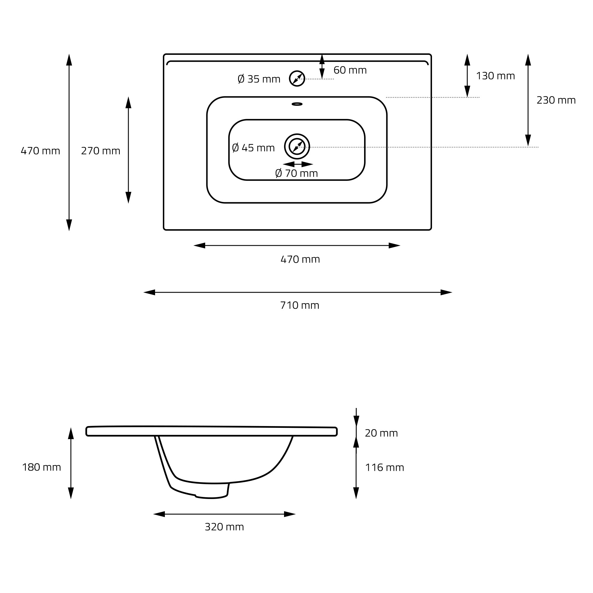 Technical drawing of a sink with dimensions.