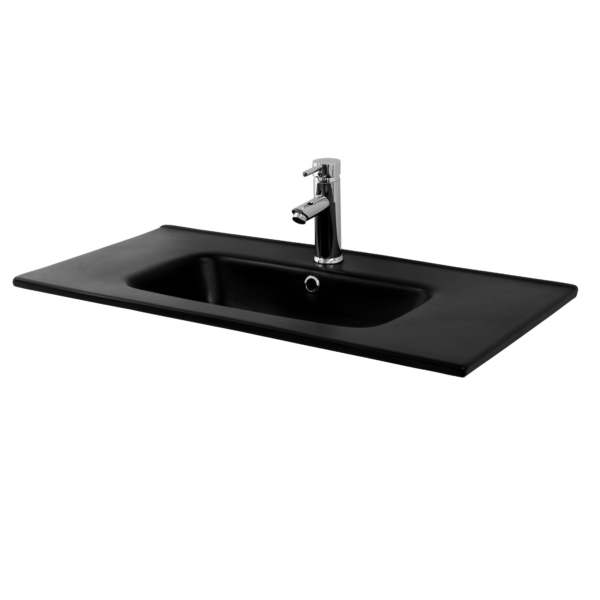 Black sink with faucet on a flat surface.