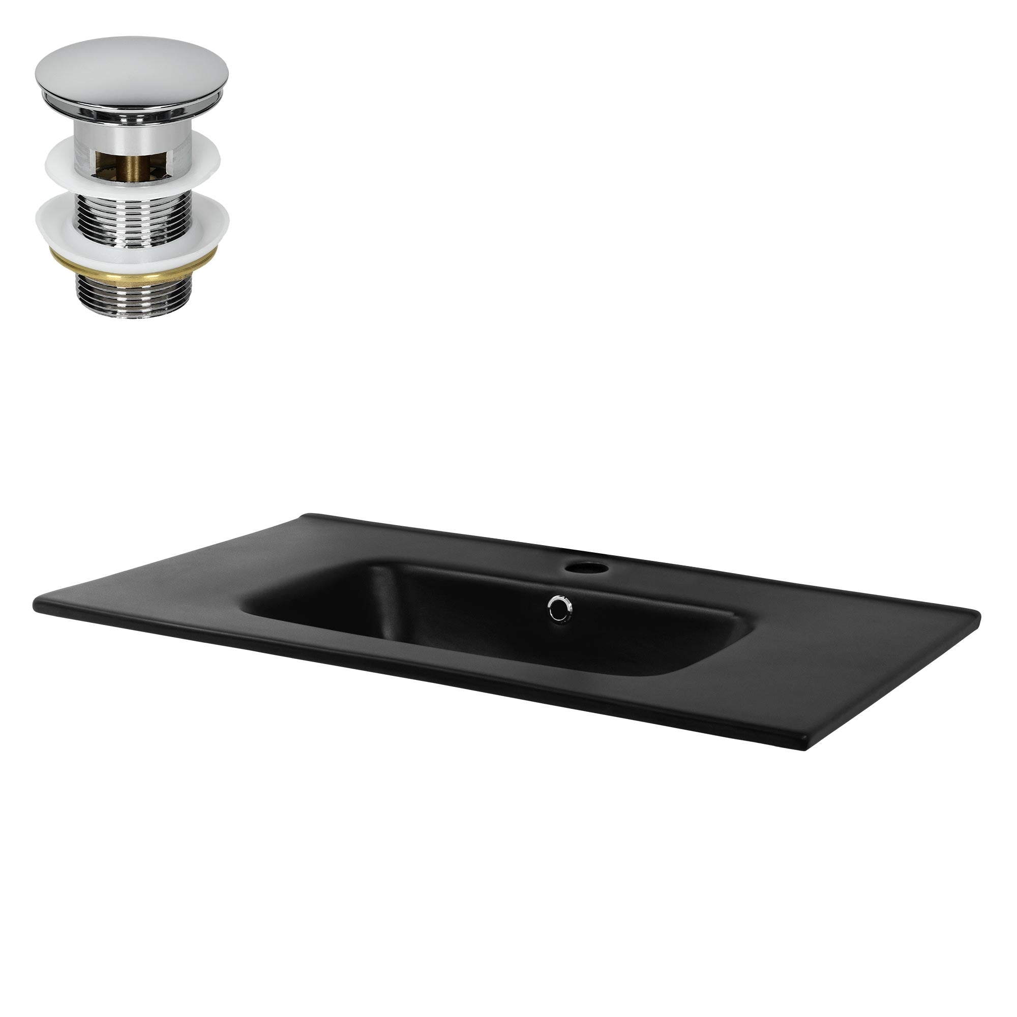 Schwarzes Waschbecken mit Ablaufventil und rechteckiger Form.