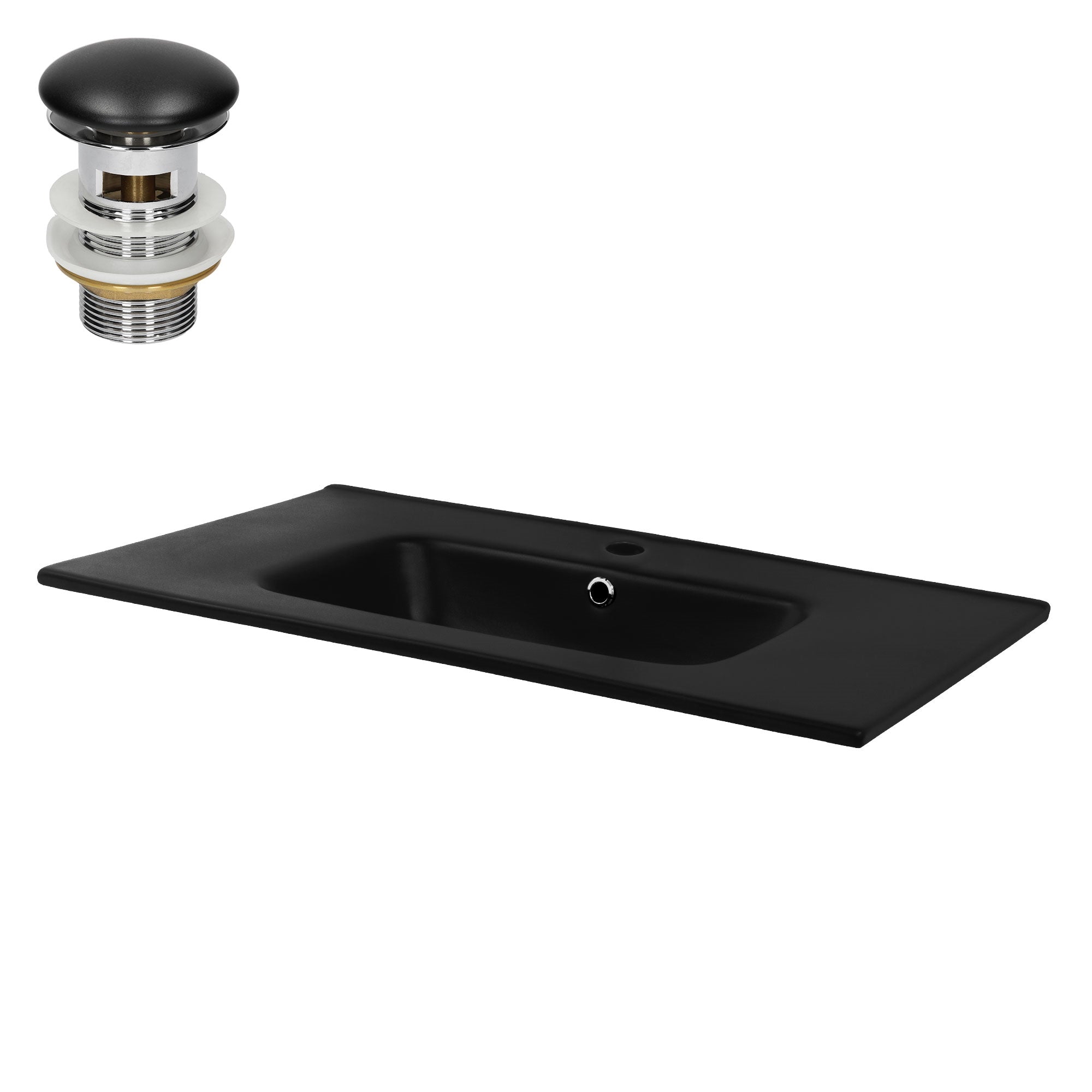 Black sink with drain and overflow.
