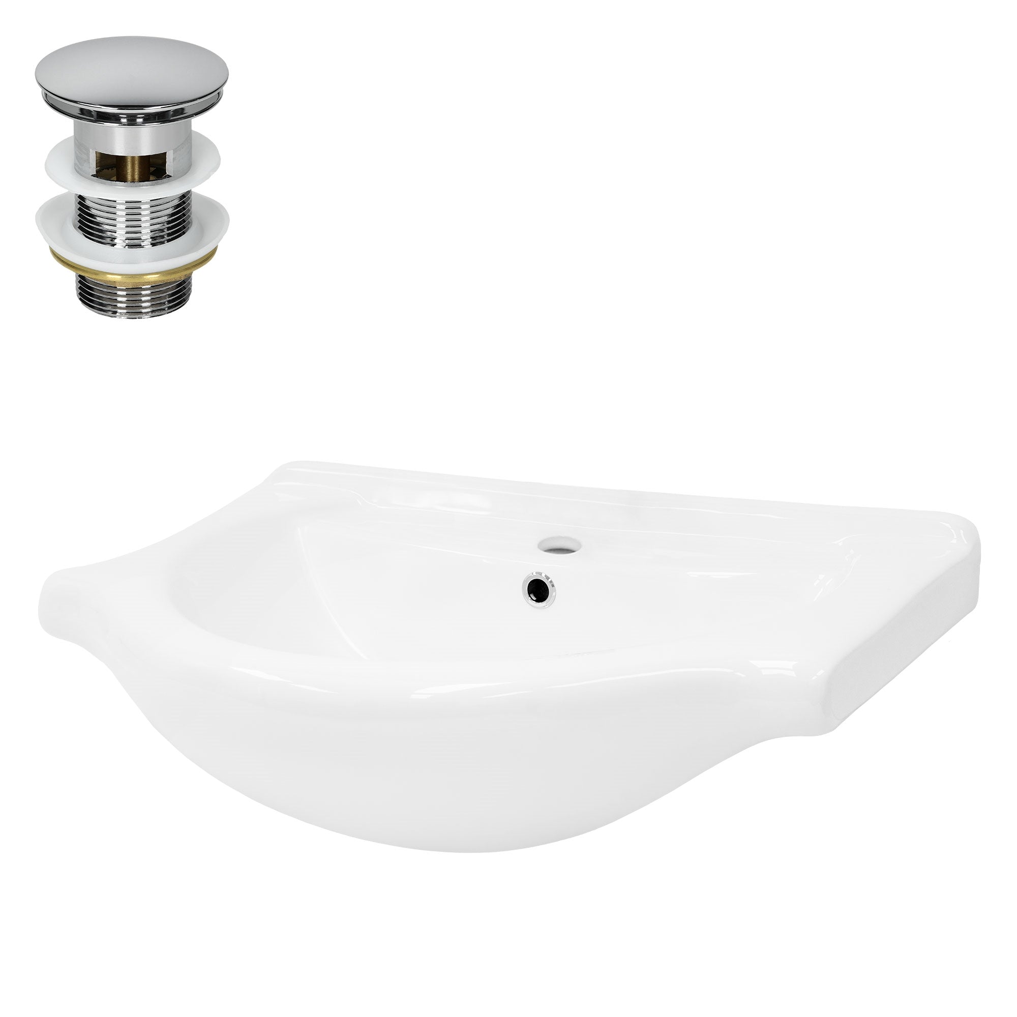 Weißes Waschbecken mit Abfluss und Überlauf.