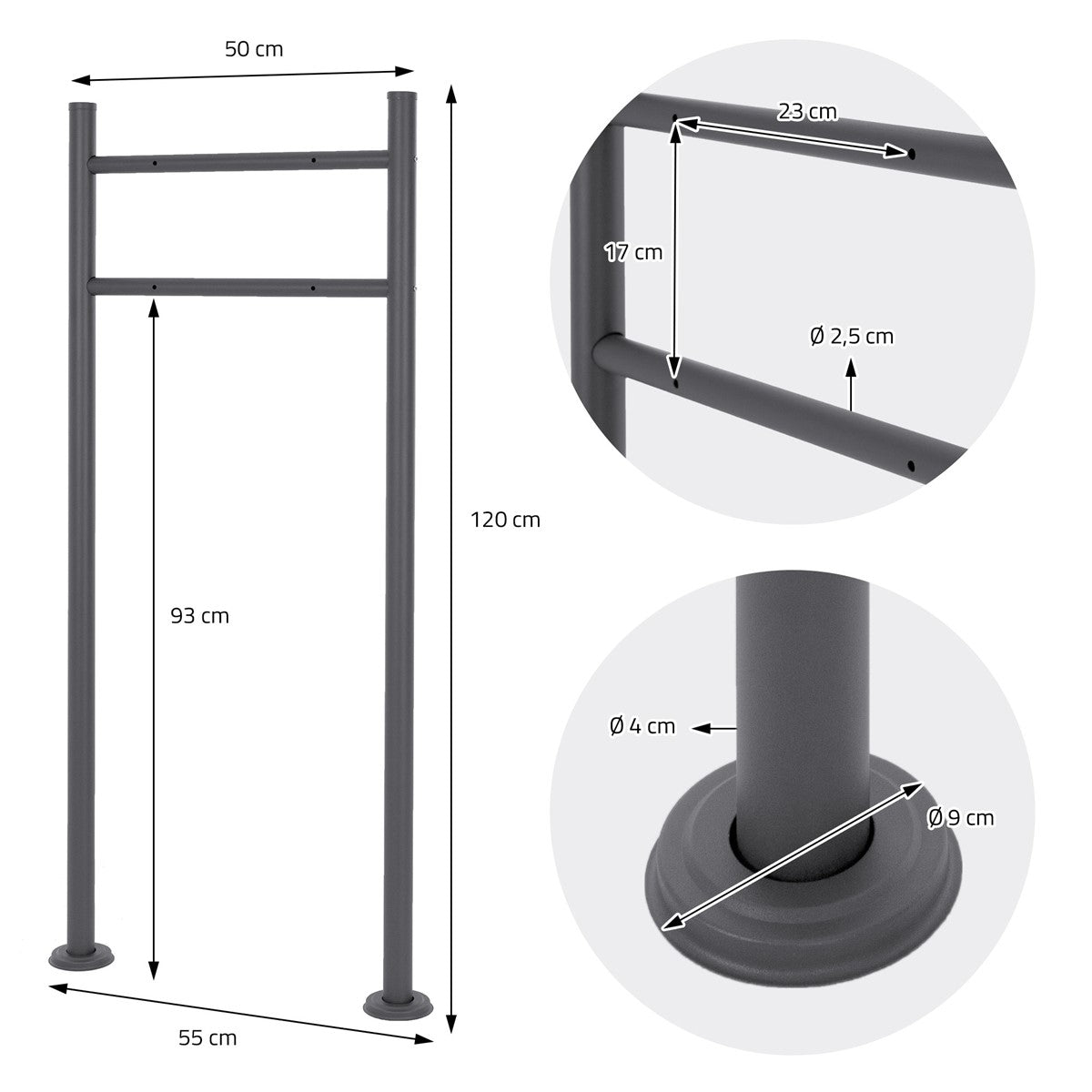 Plan coté d’un support gris avec dimensions et diamètres.
