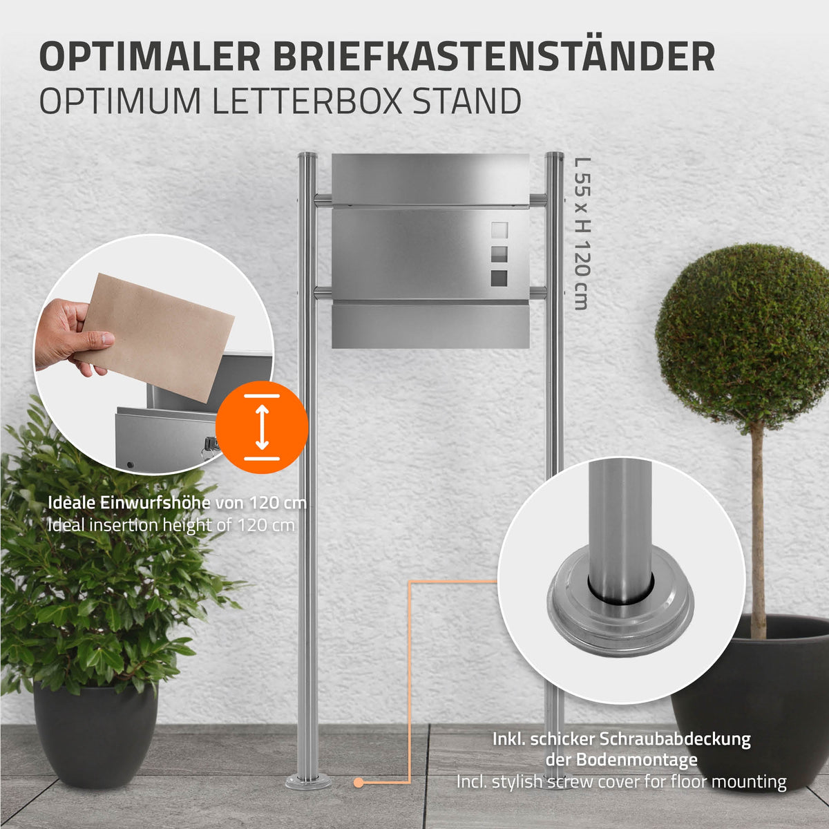 Postkassestander med kuvert, højde 120 cm, inkl. skrueafdækning.