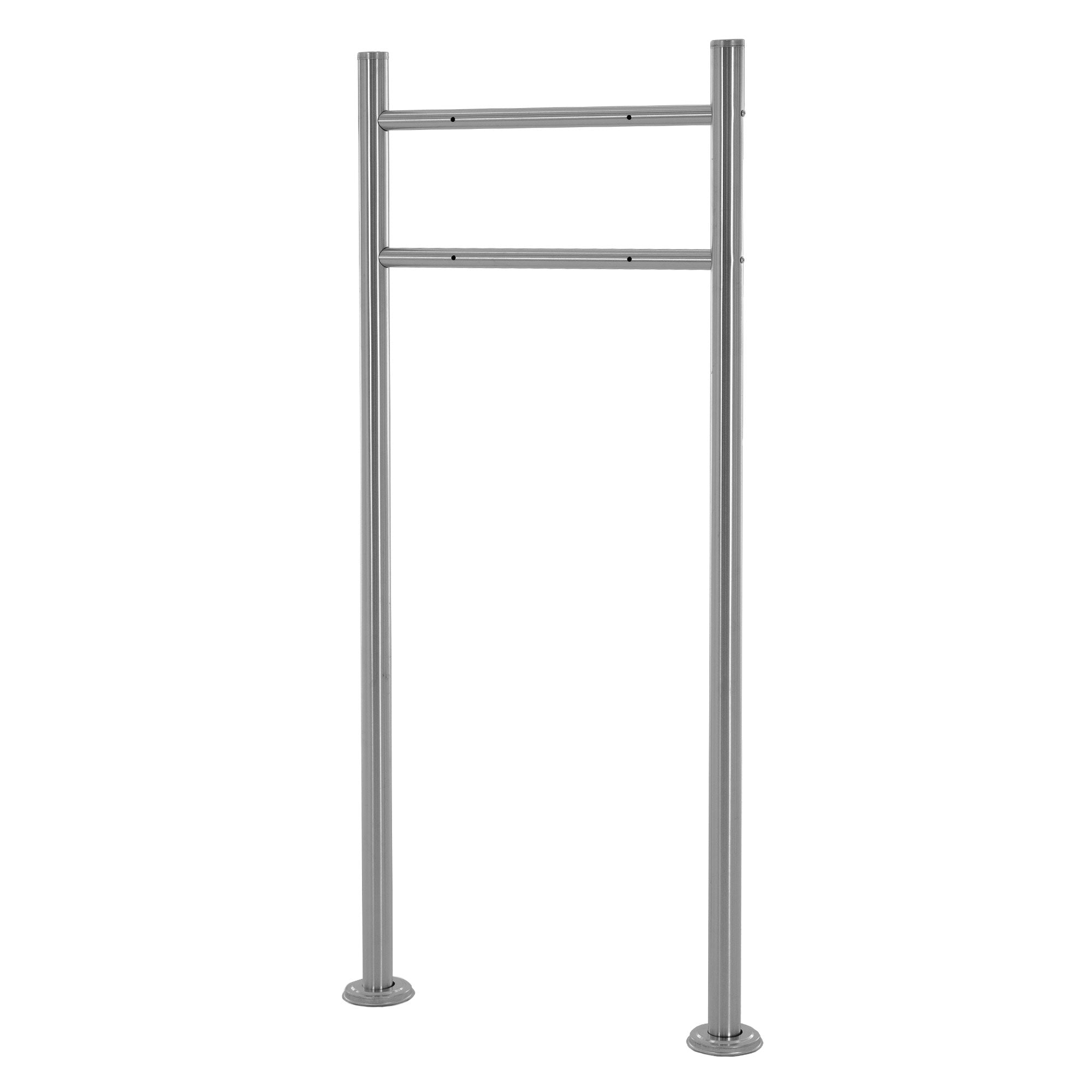 Supporto grigio con due tubi verticali e una barra orizzontale.