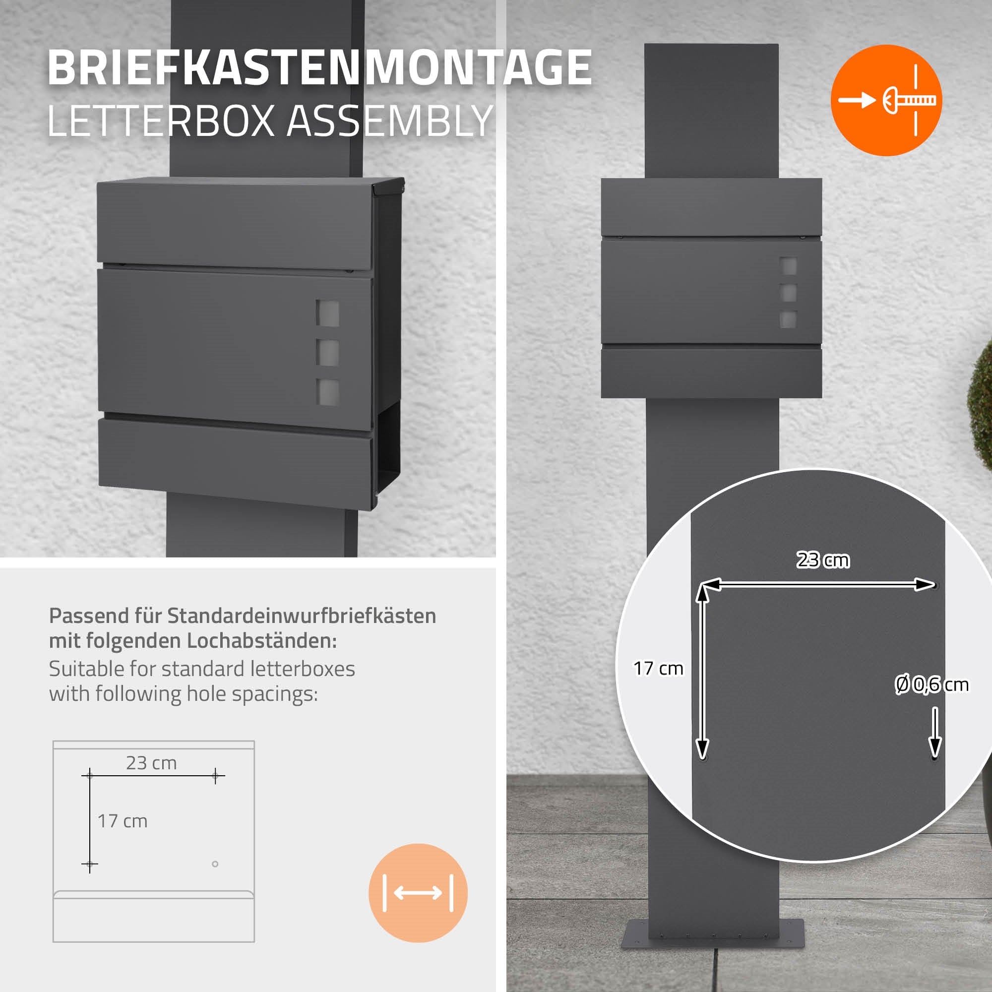 Montageanleitung für Briefkasten mit Maßangaben und Lochabständen.