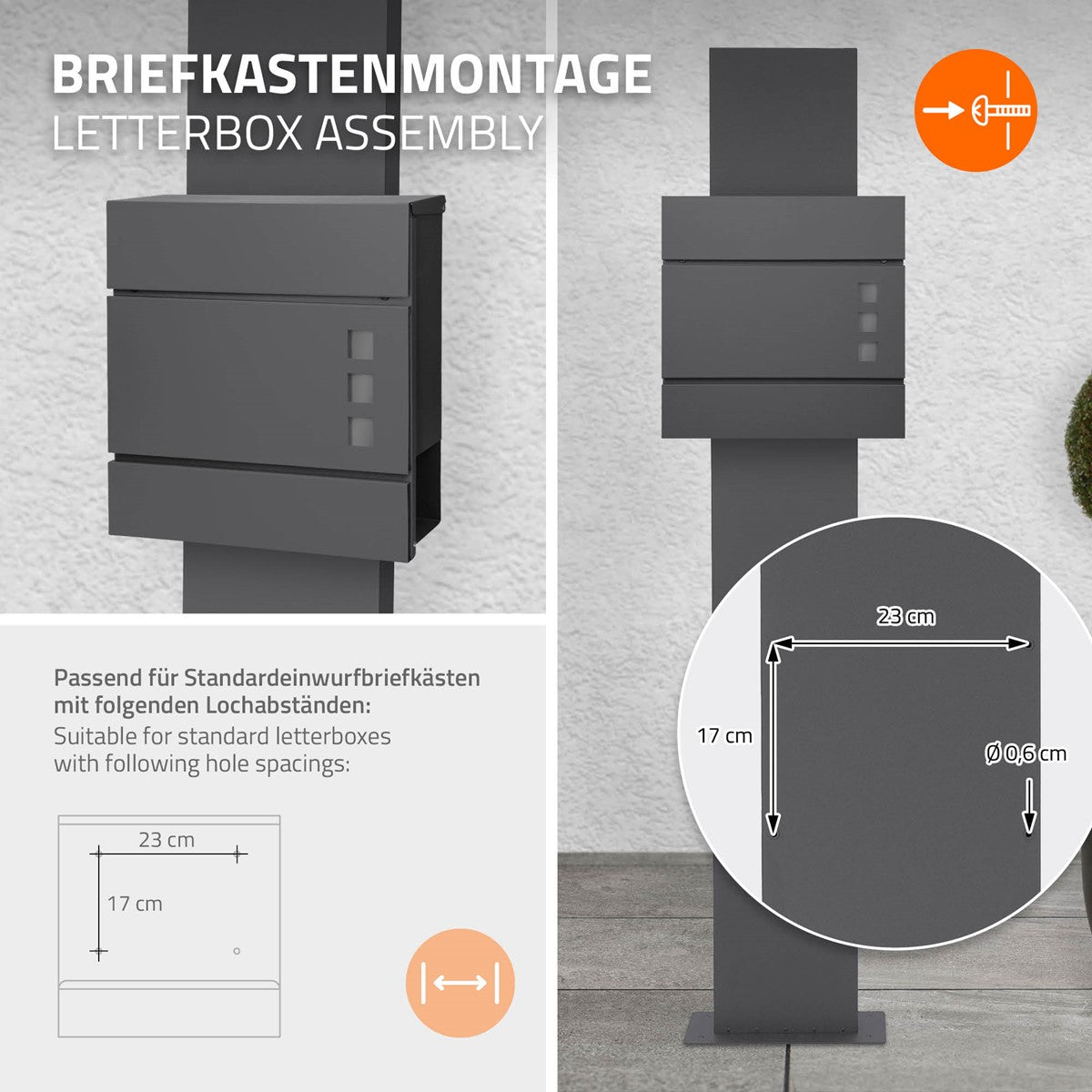 Montageanleitung für Briefkasten mit Maßangaben und Lochabständen.