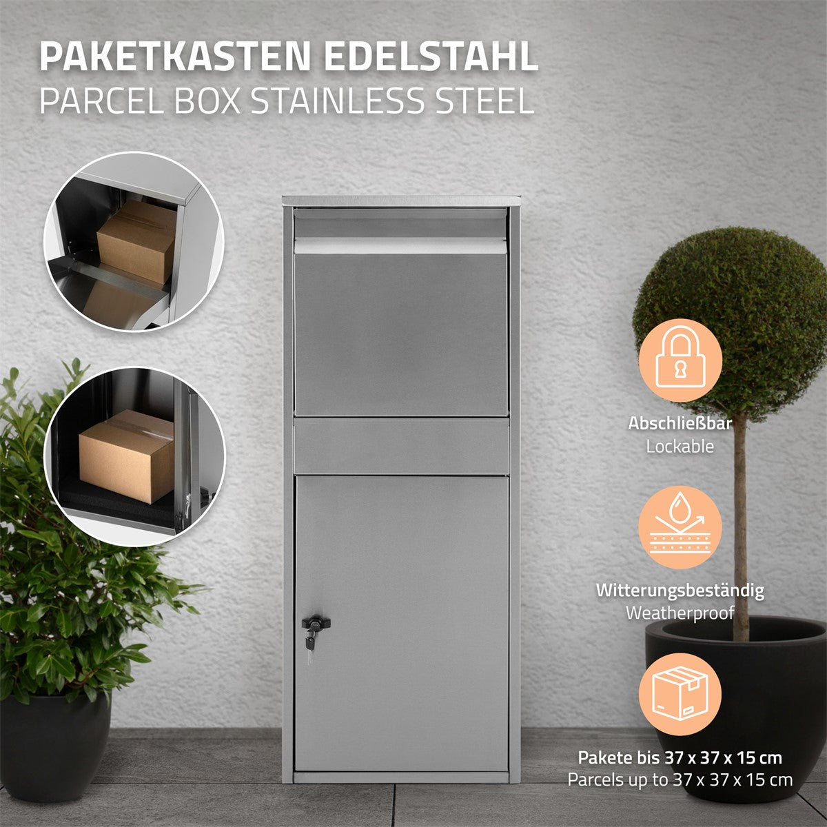 Edelstahl-Paketkasten mit einem verschlossenen Fach und einem Paket im Inneren.