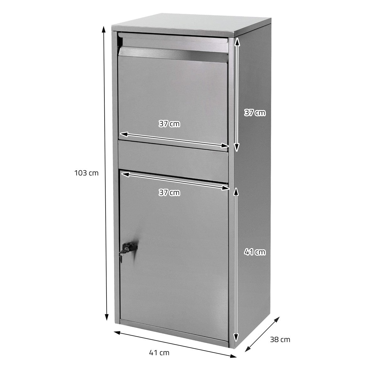 Eisenbriefkasten mit zwei Fächern, Maße: 103 cm hoch, 41 cm breit, 38 cm tief.