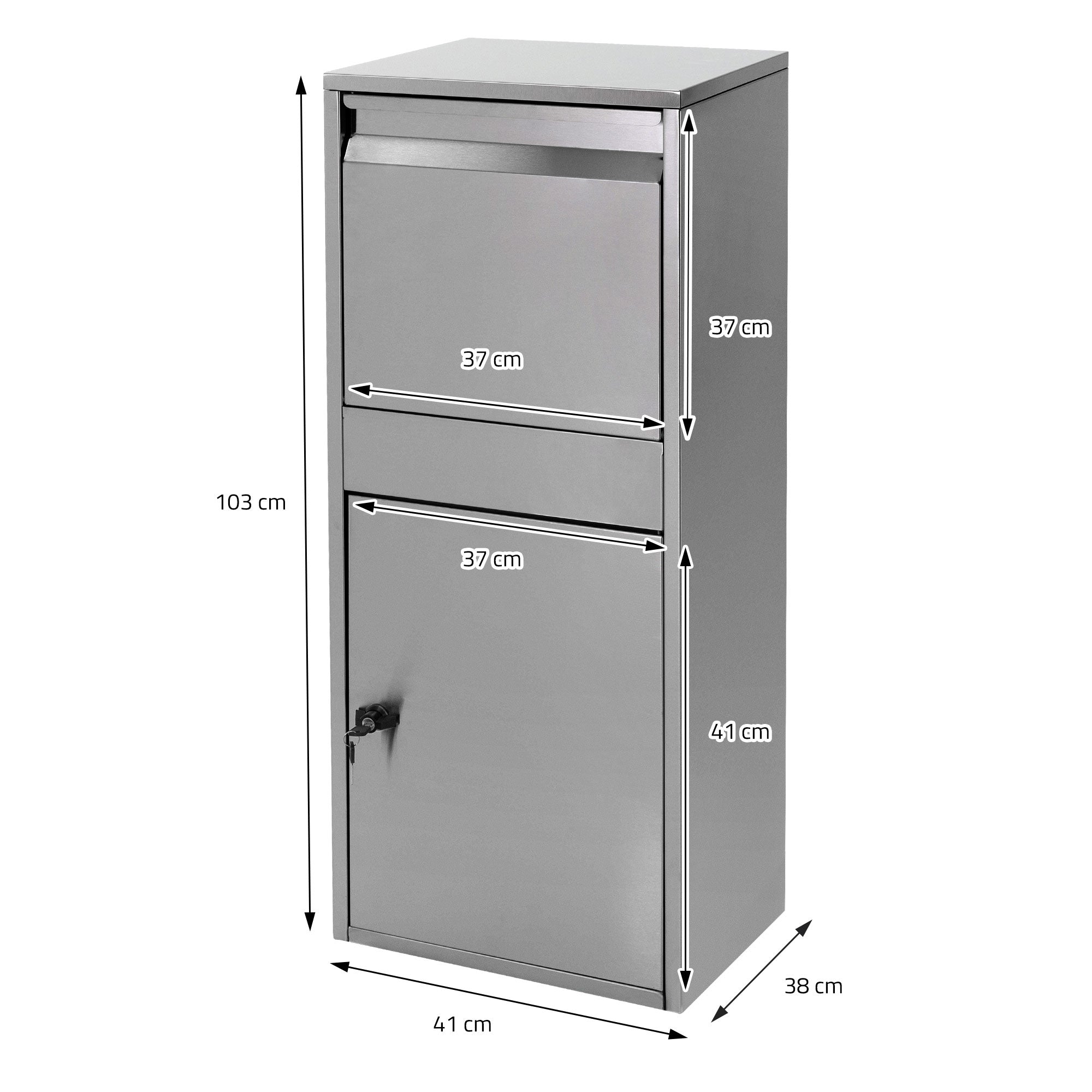 Eisenbriefkasten mit zwei Fächern, Maße: 103 cm hoch, 41 cm breit, 38 cm tief.