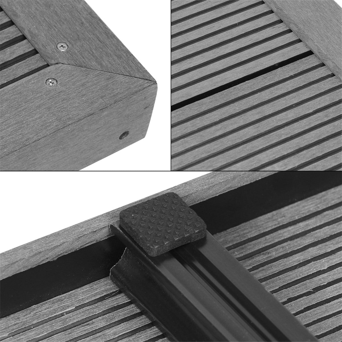 Detailansicht von Holzplatten mit Schrauben und Gummistopper.