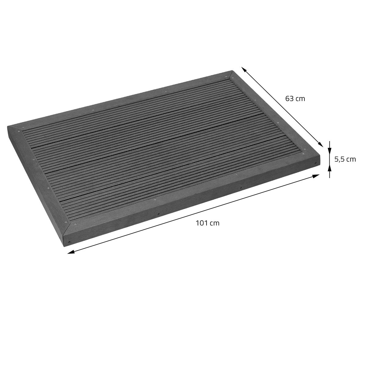 Dunkle, rechteckige Matte mit Rillen, Maße 101 cm x 63 cm x 5,5 cm.