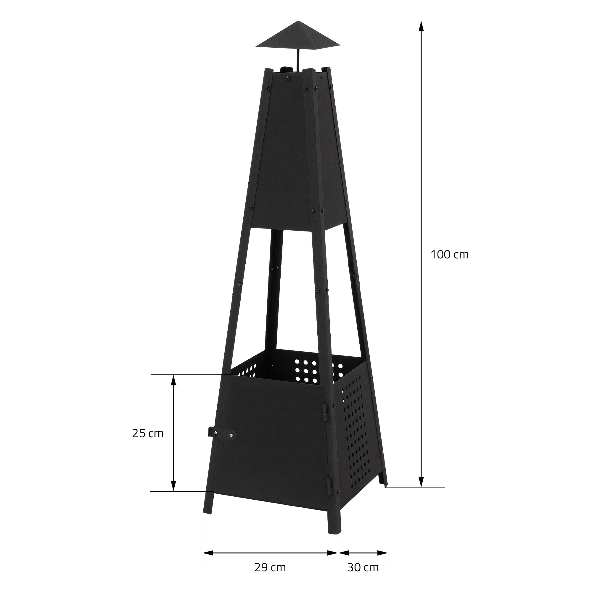 Mustat tulikori pyramidin muotoisena mitat senttimetreinä.