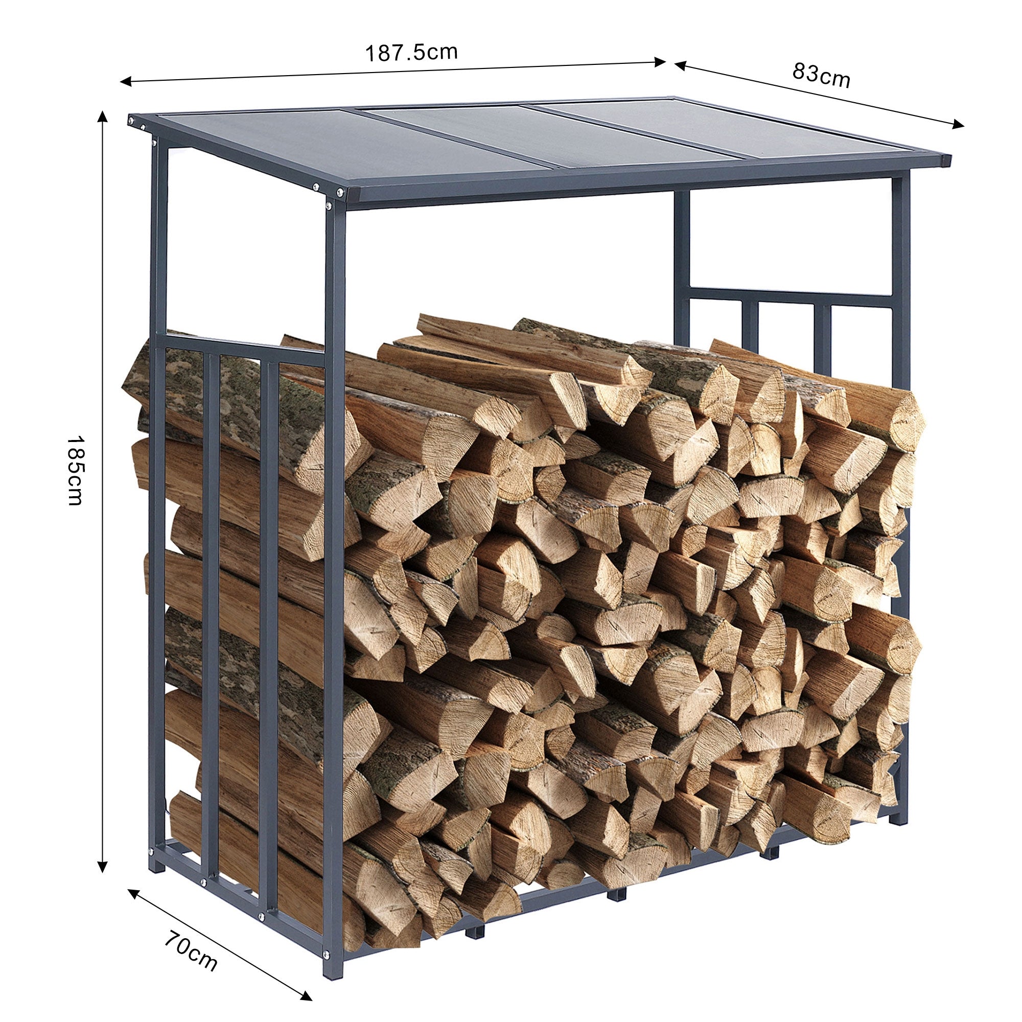 Überdachungsgestell mit Holzstapel, rechteckig und aus Metall.