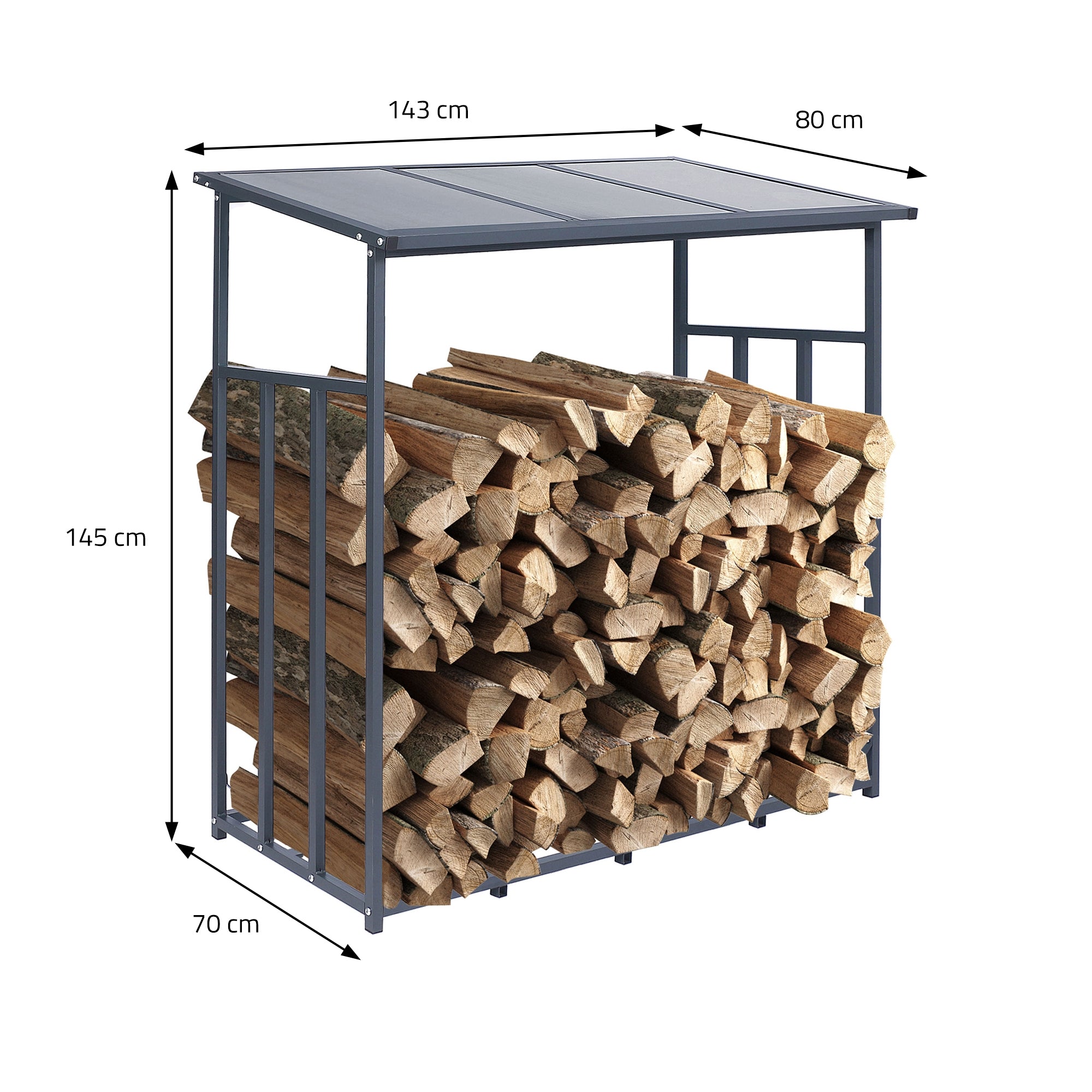 Ein Holzlager mit gestapeltem Holz, überdacht und mit Maßen in cm.