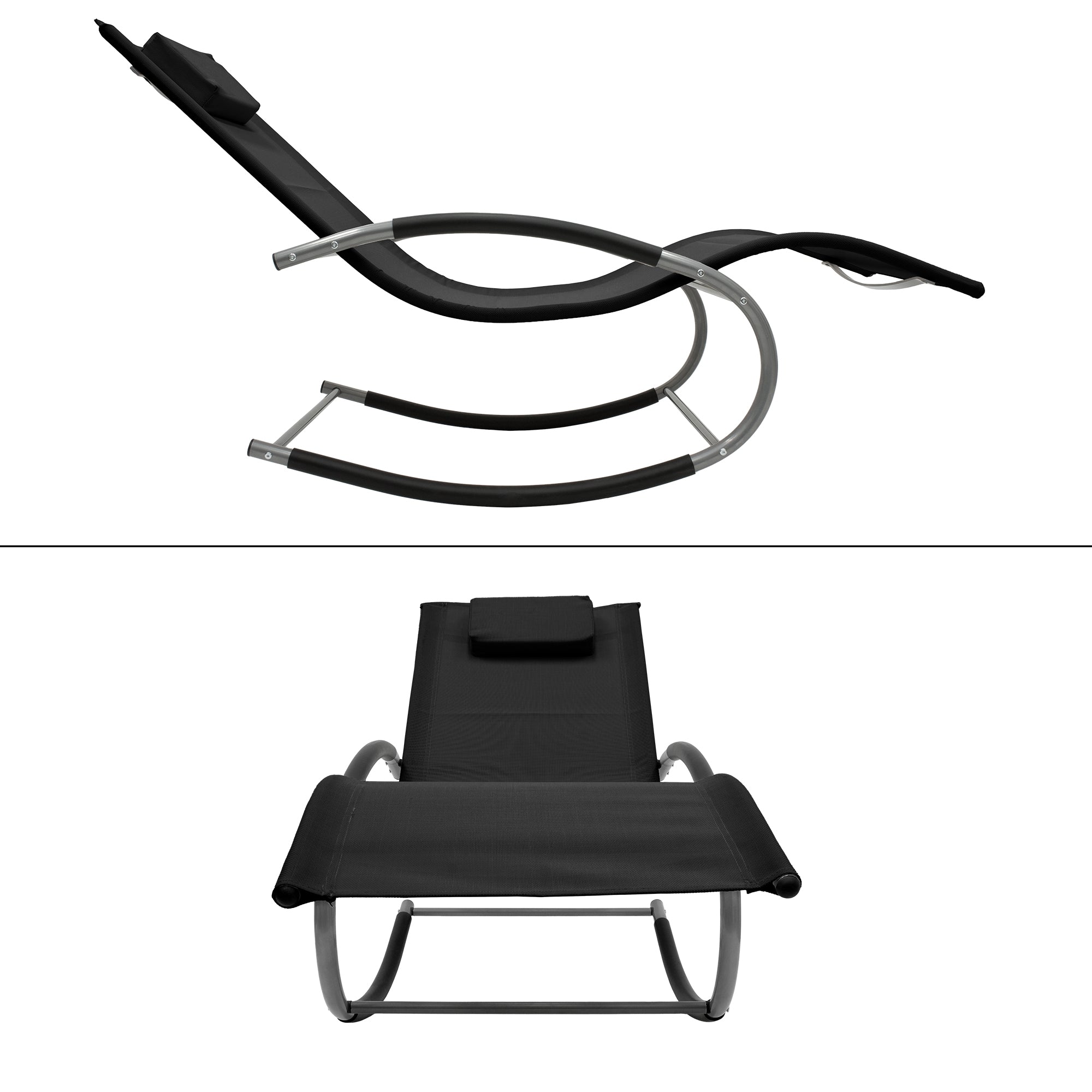 Houpací křeslo v černém designu, viditelné z boku a zepředu.
