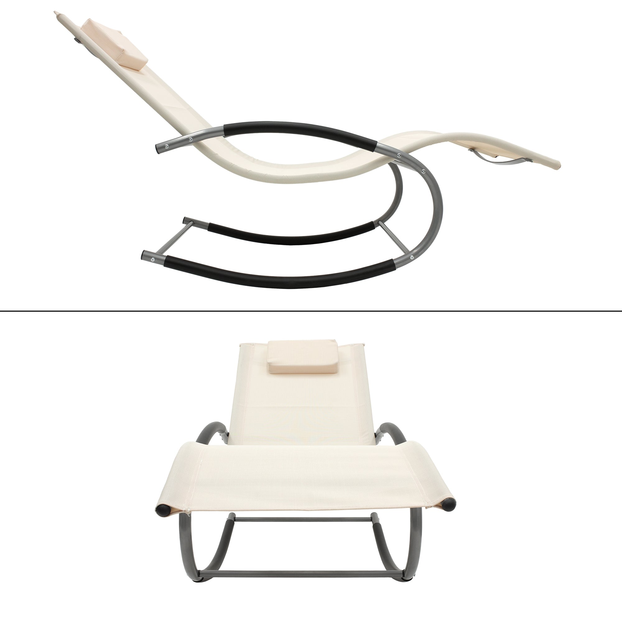Schaukelstuhl in hellem Design, von der Seite und von vorne sichtbar.
